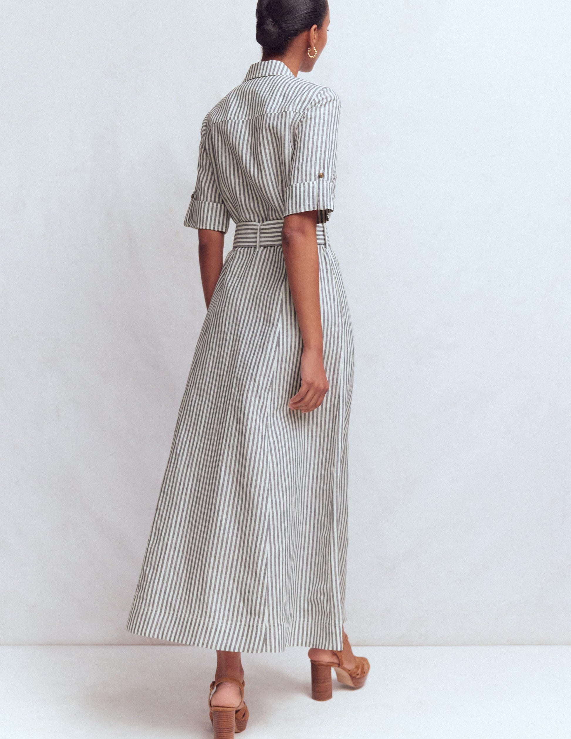 Ora Linen Blend Shirt Dress-Navy Ivory Stripe-3