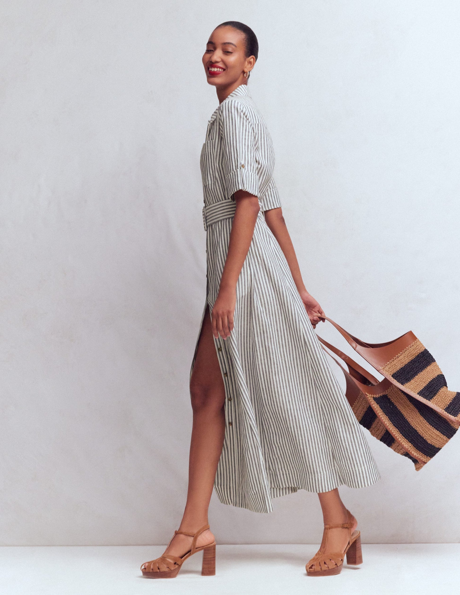 Ora Linen Blend Shirt Dress-Navy Ivory Stripe-4