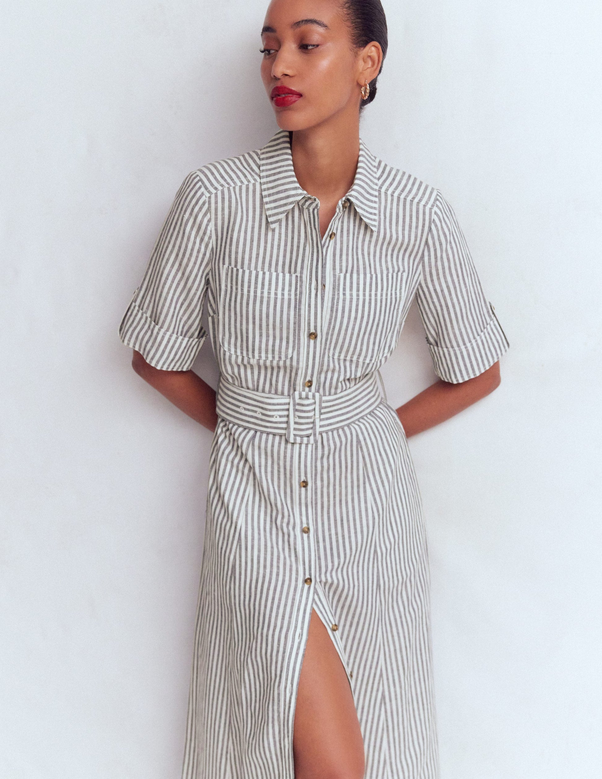 Ora Linen Blend Shirt Dress-Navy Ivory Stripe-5