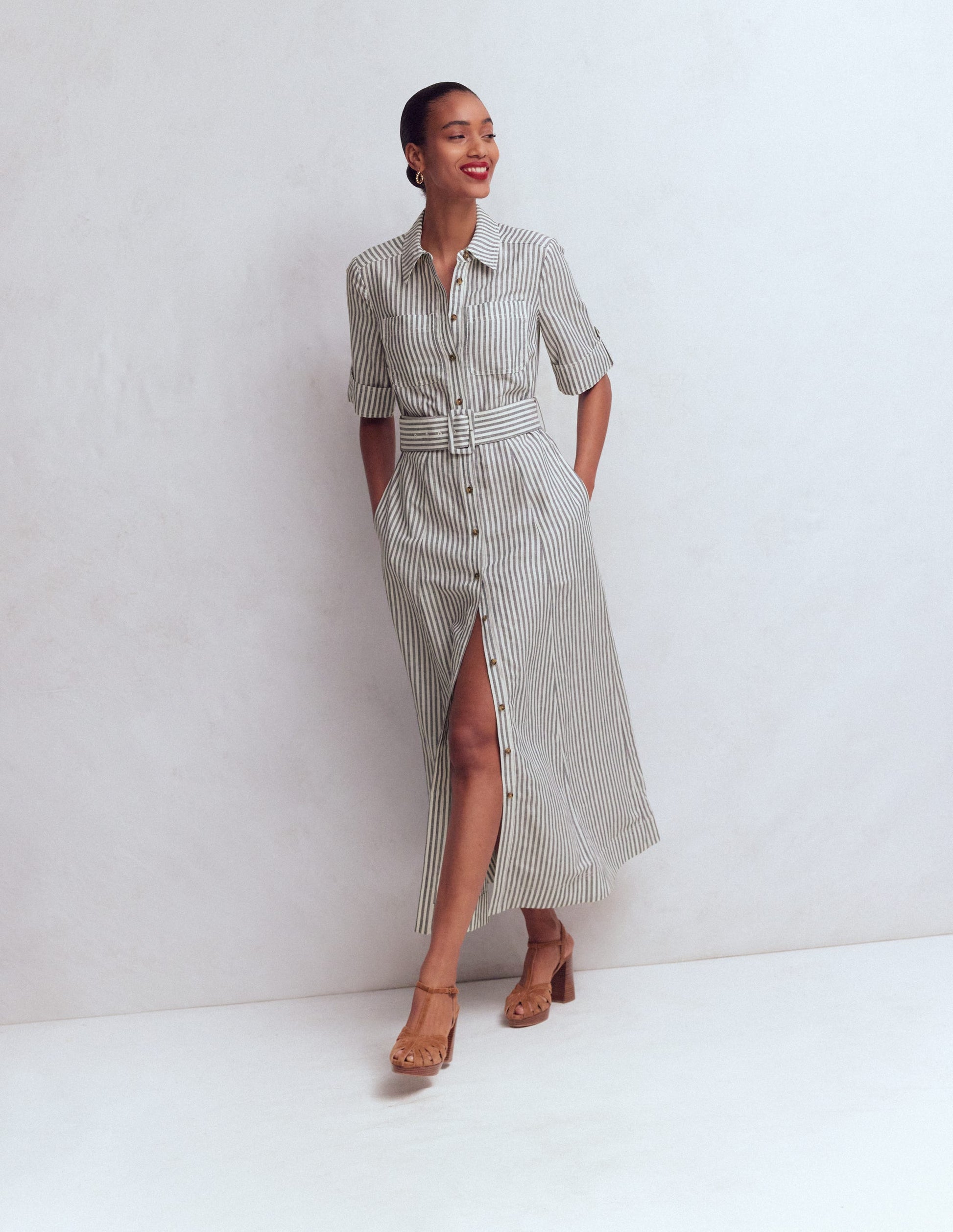 Ora Linen Blend Shirt Dress-Navy Ivory Stripe-6