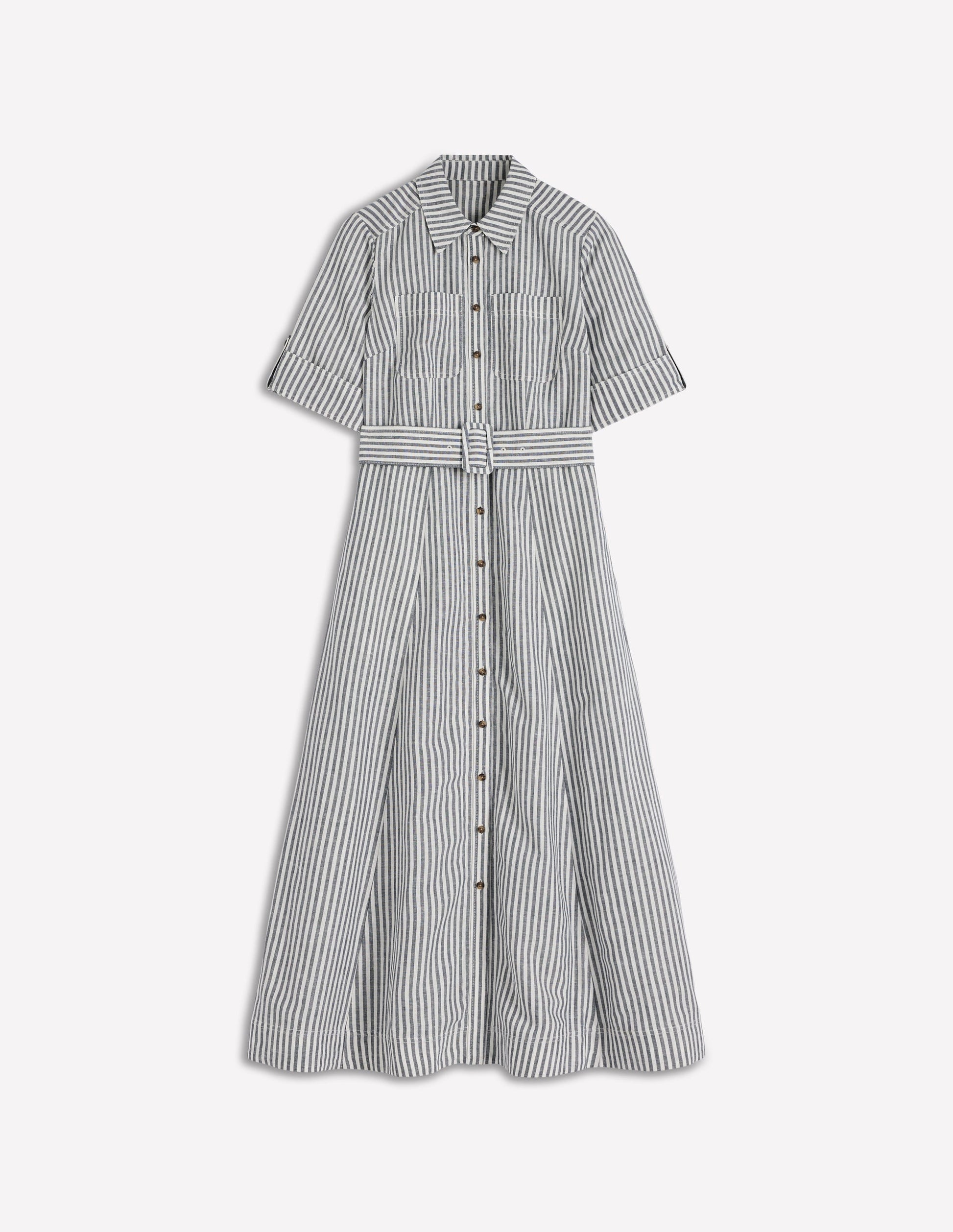 Ora Linen Blend Shirt Dress-Navy Ivory Stripe-7