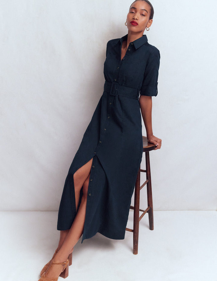 Ora Linen Blend Shirt Dress-Navy