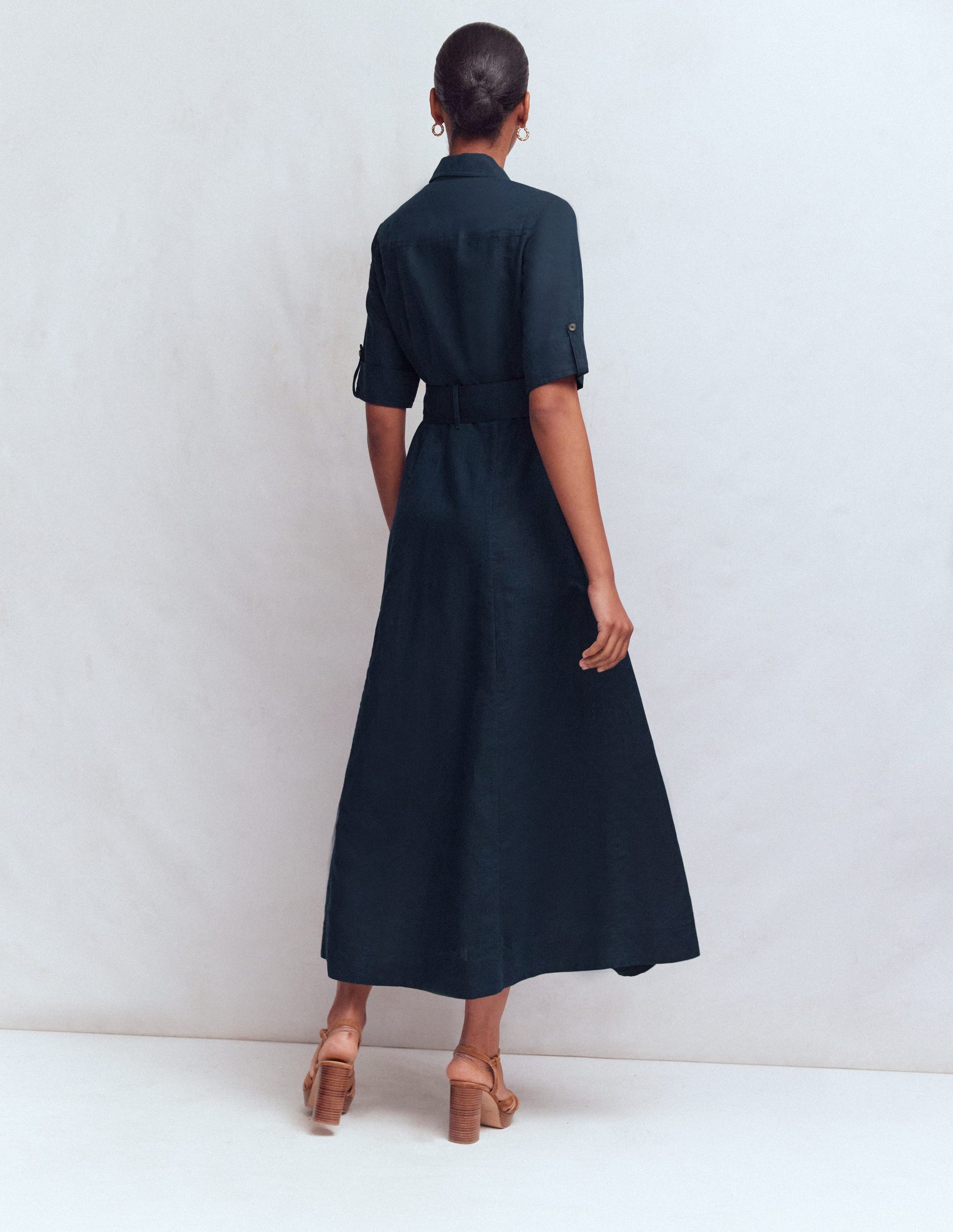 Ora Linen Blend Shirt Dress-Navy-3