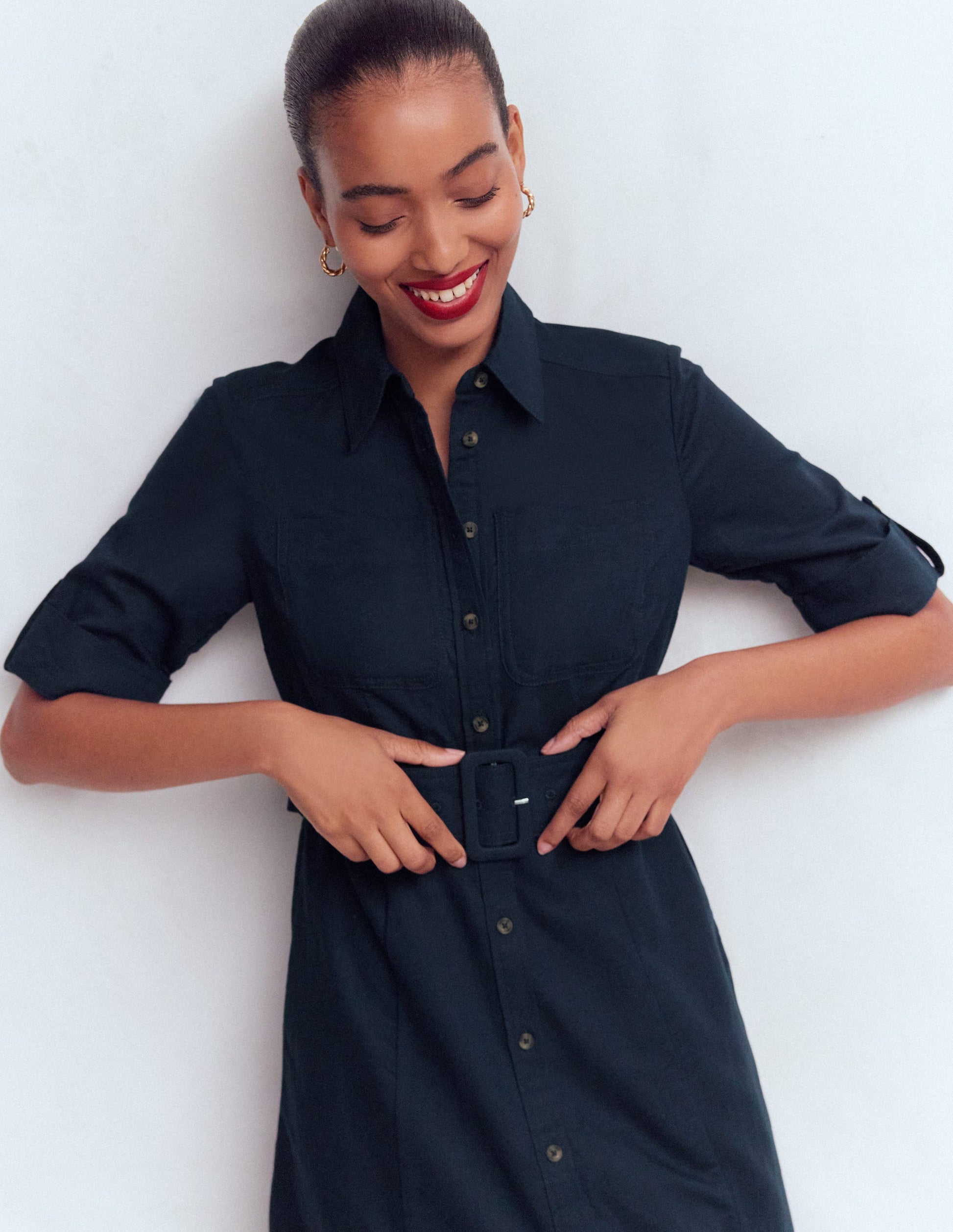 Ora Linen Blend Shirt Dress-Navy-5