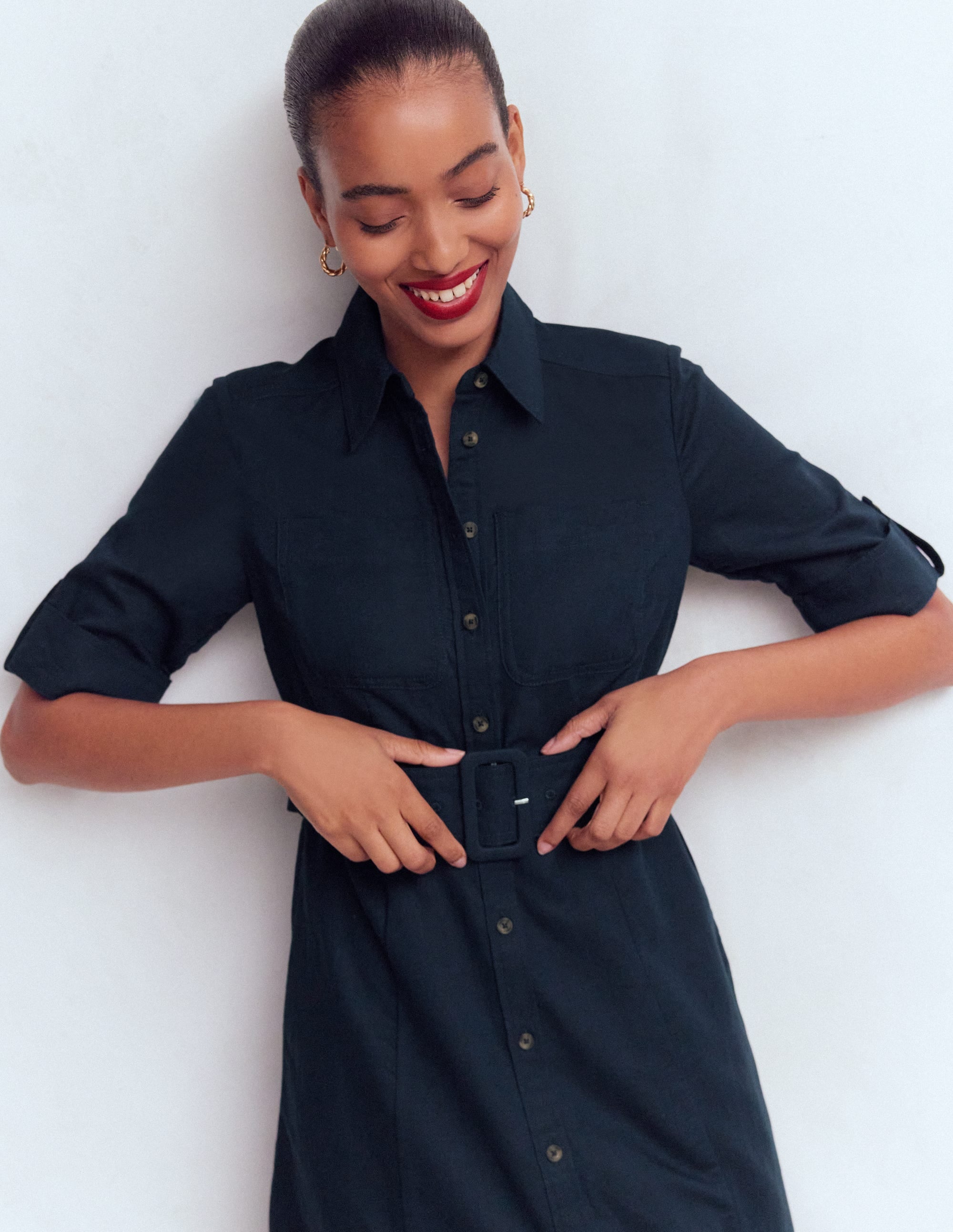 Ora Linen Blend Shirt Dress-Navy - Image 5