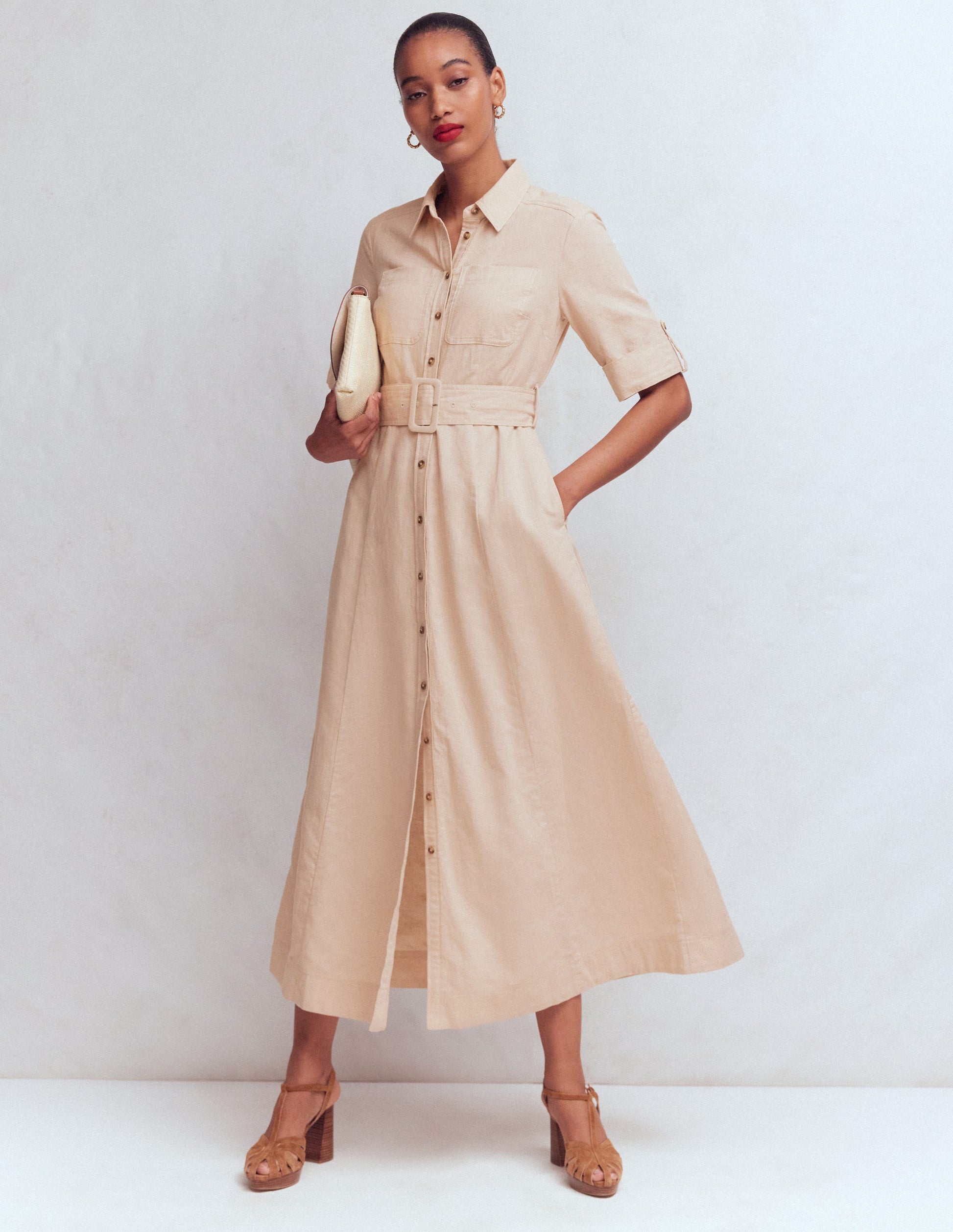 Ora Linen Blend Shirt Dress-Coffee-5