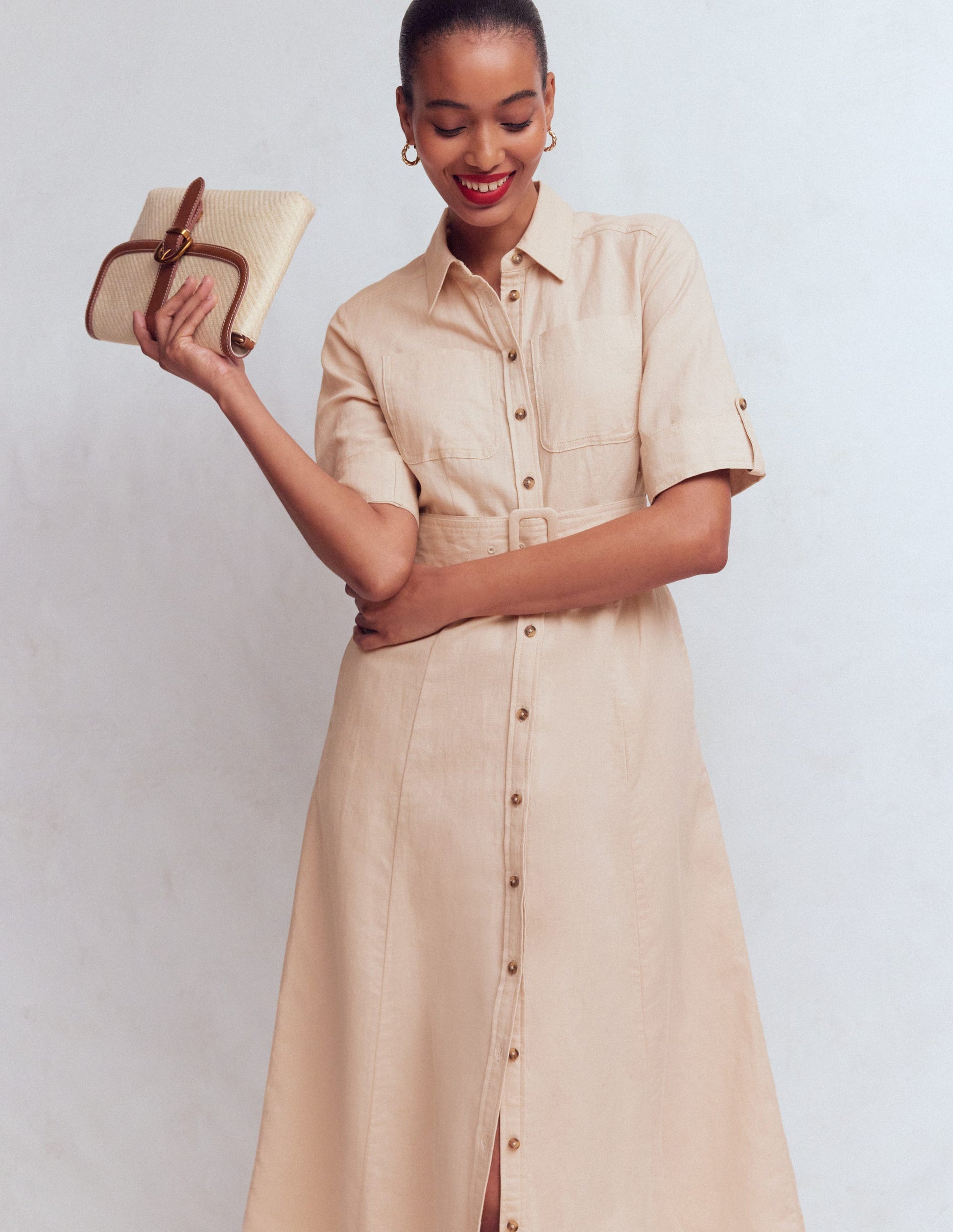 Ora Linen Blend Shirt Dress-Coffee-6