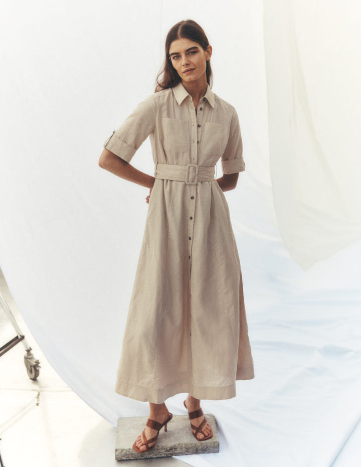 Ora Linen Blend Shirt Dress-Coffee