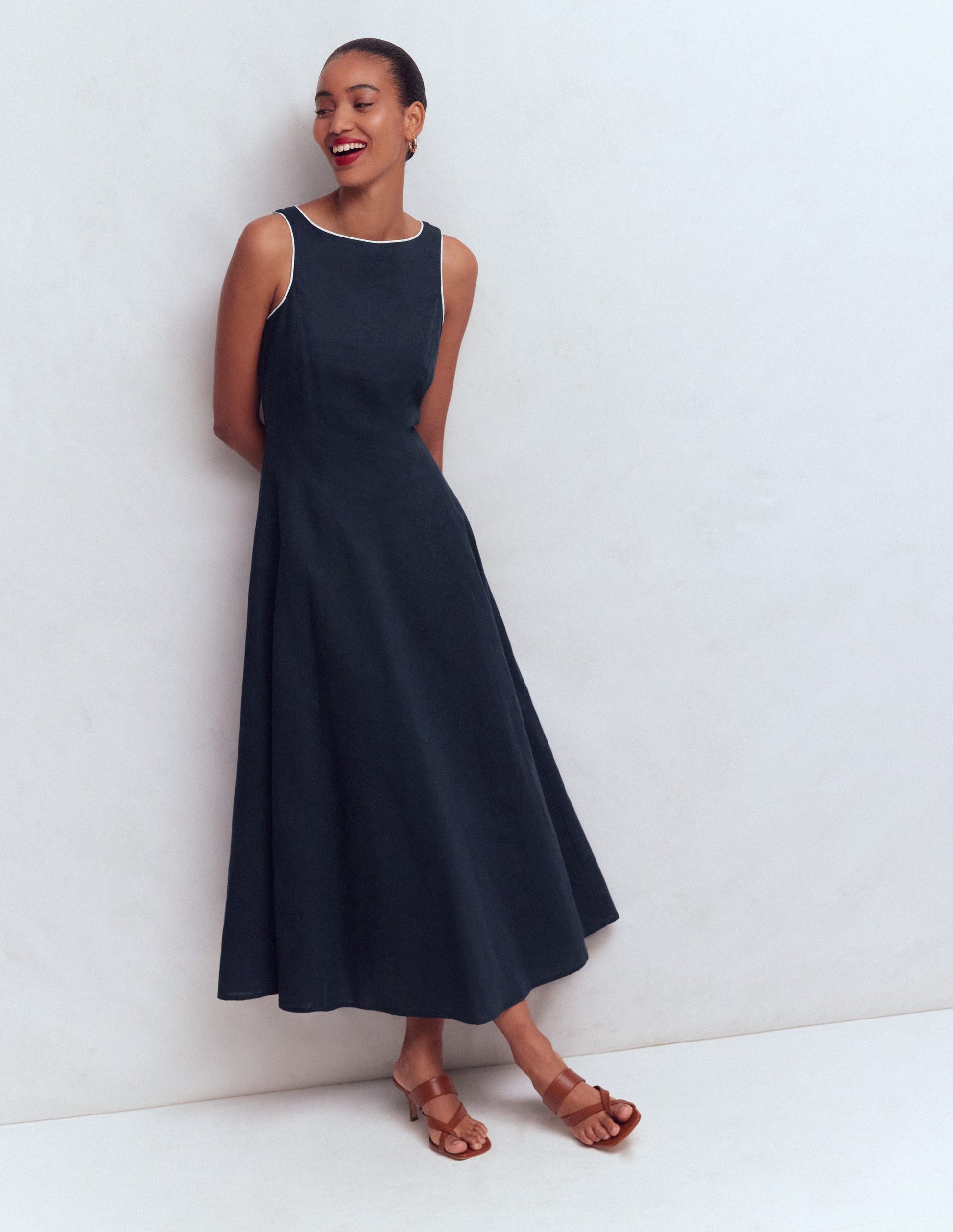 Annet Linen Blend Midi Dress-Navy | Boden UK Annet Linen Blend Midi Dress-Navy | Boden UK