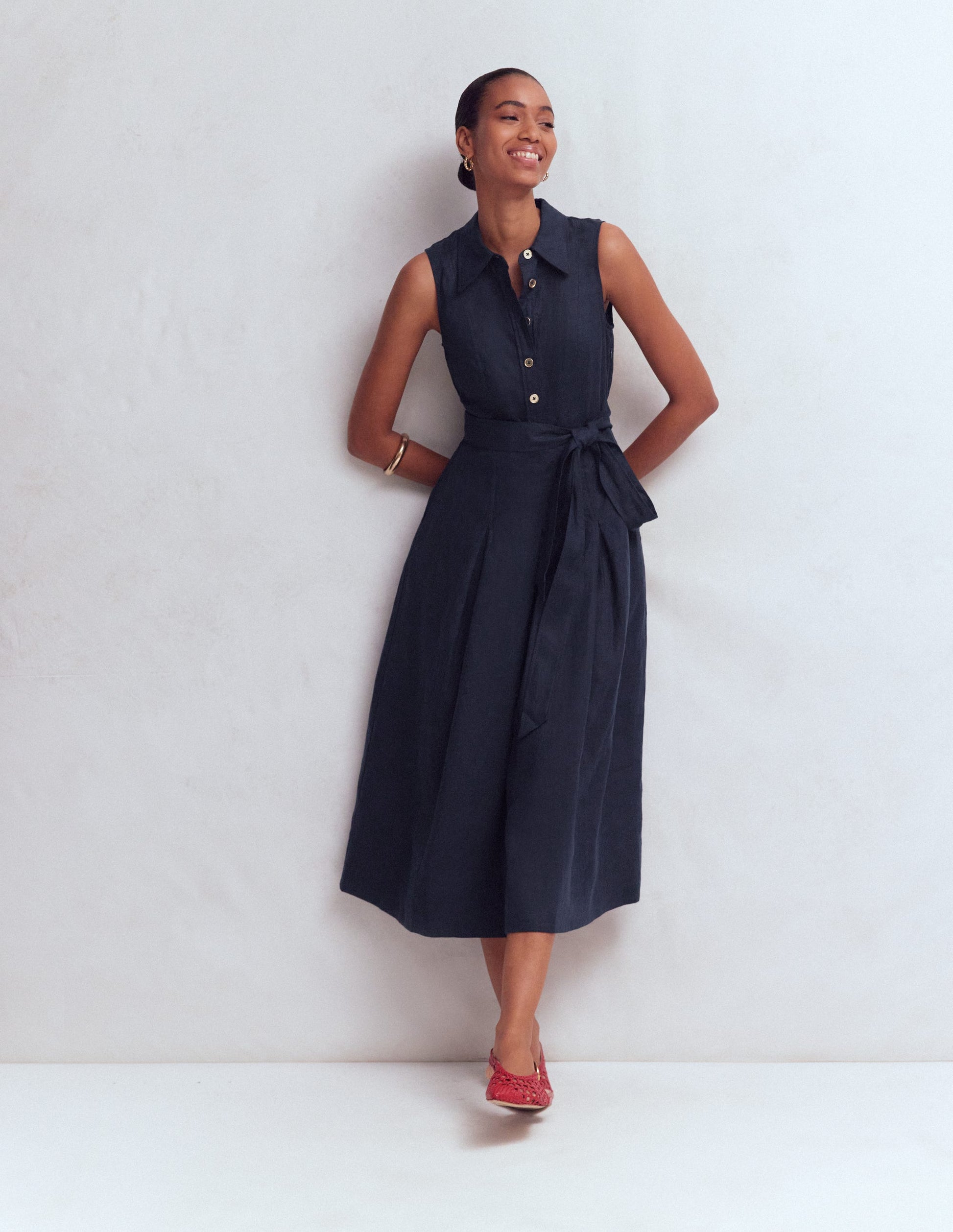 linen shirt dress women's Belinda Linen Shirt Dress-Navy