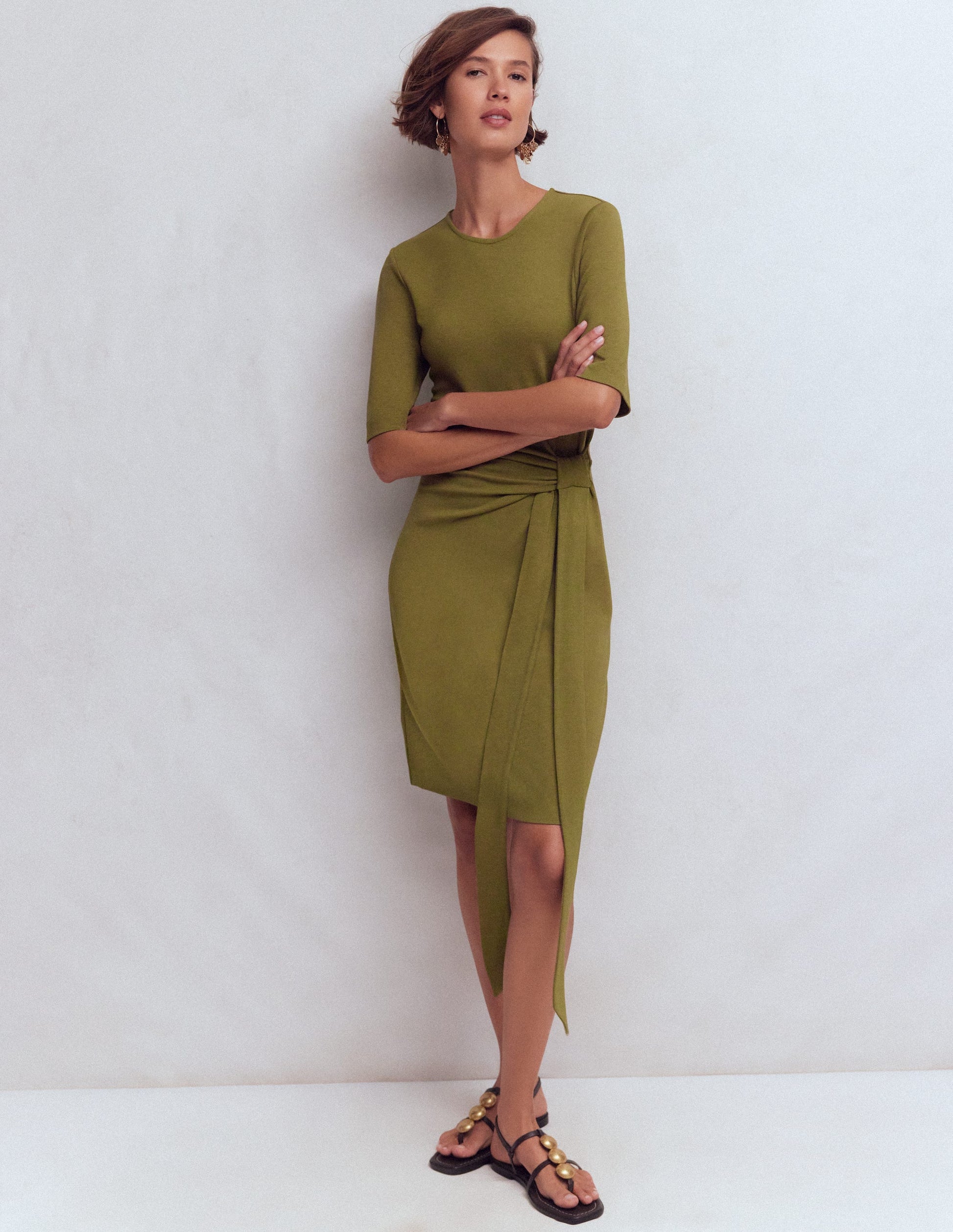 Zinnia Tie Jersey Short Dress-Olive-1