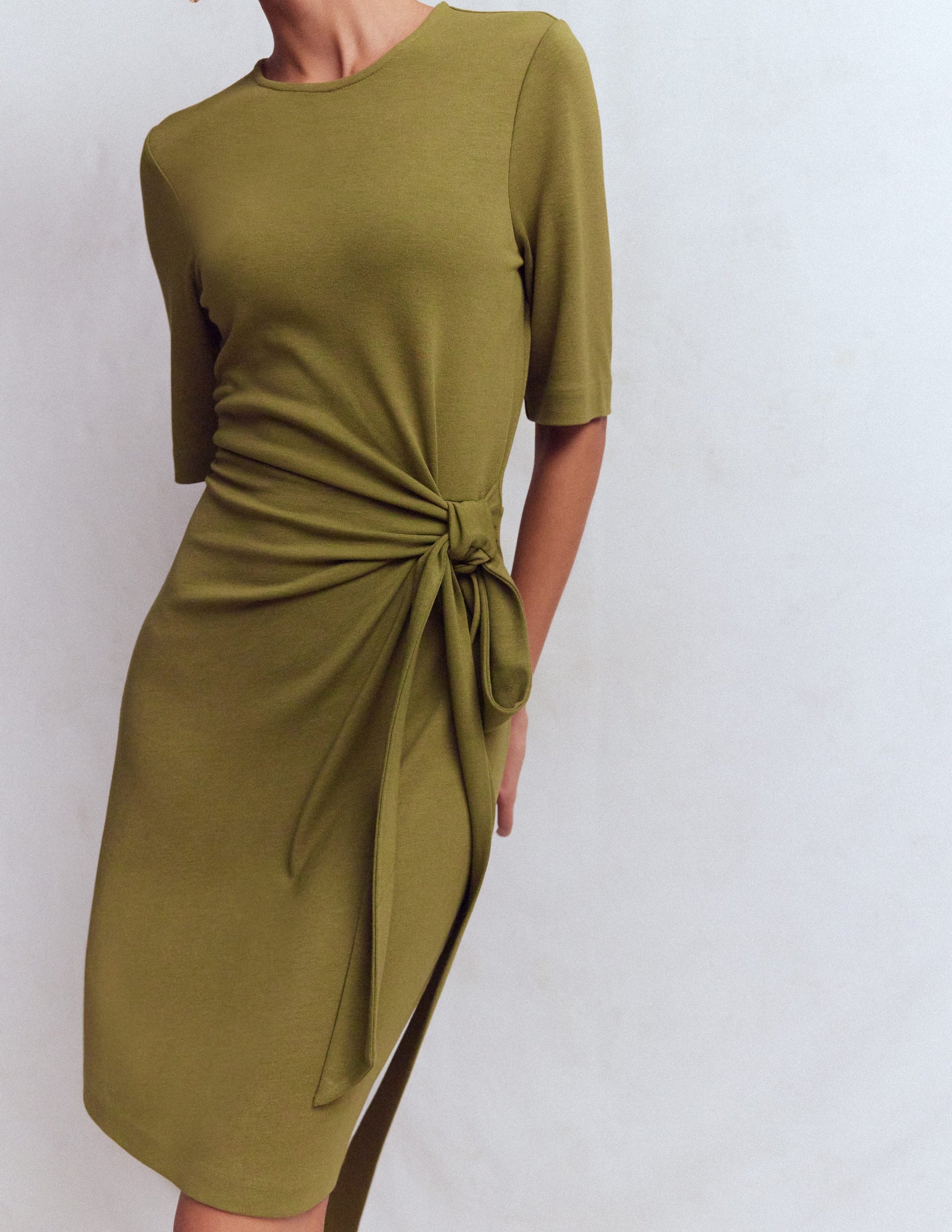 Zinnia Tie Jersey Short Dress-Olive-2