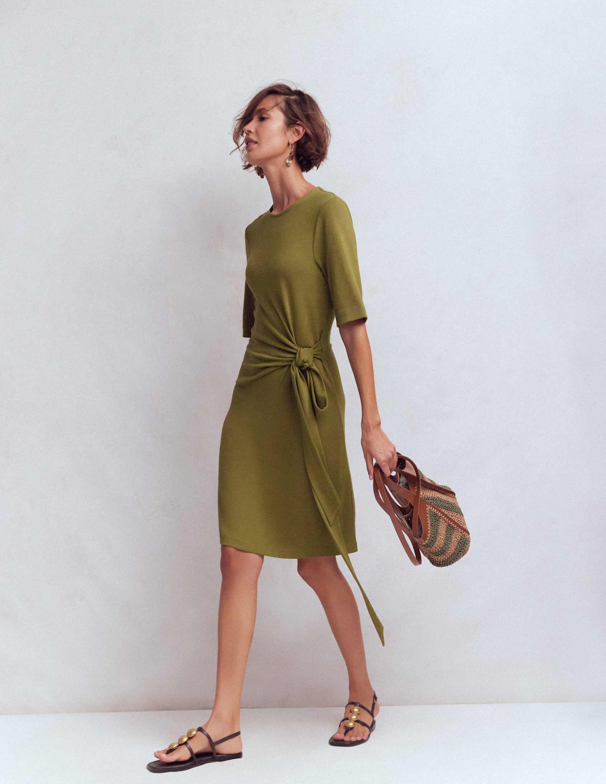 Zinnia Tie Jersey Short Dress-Olive-4