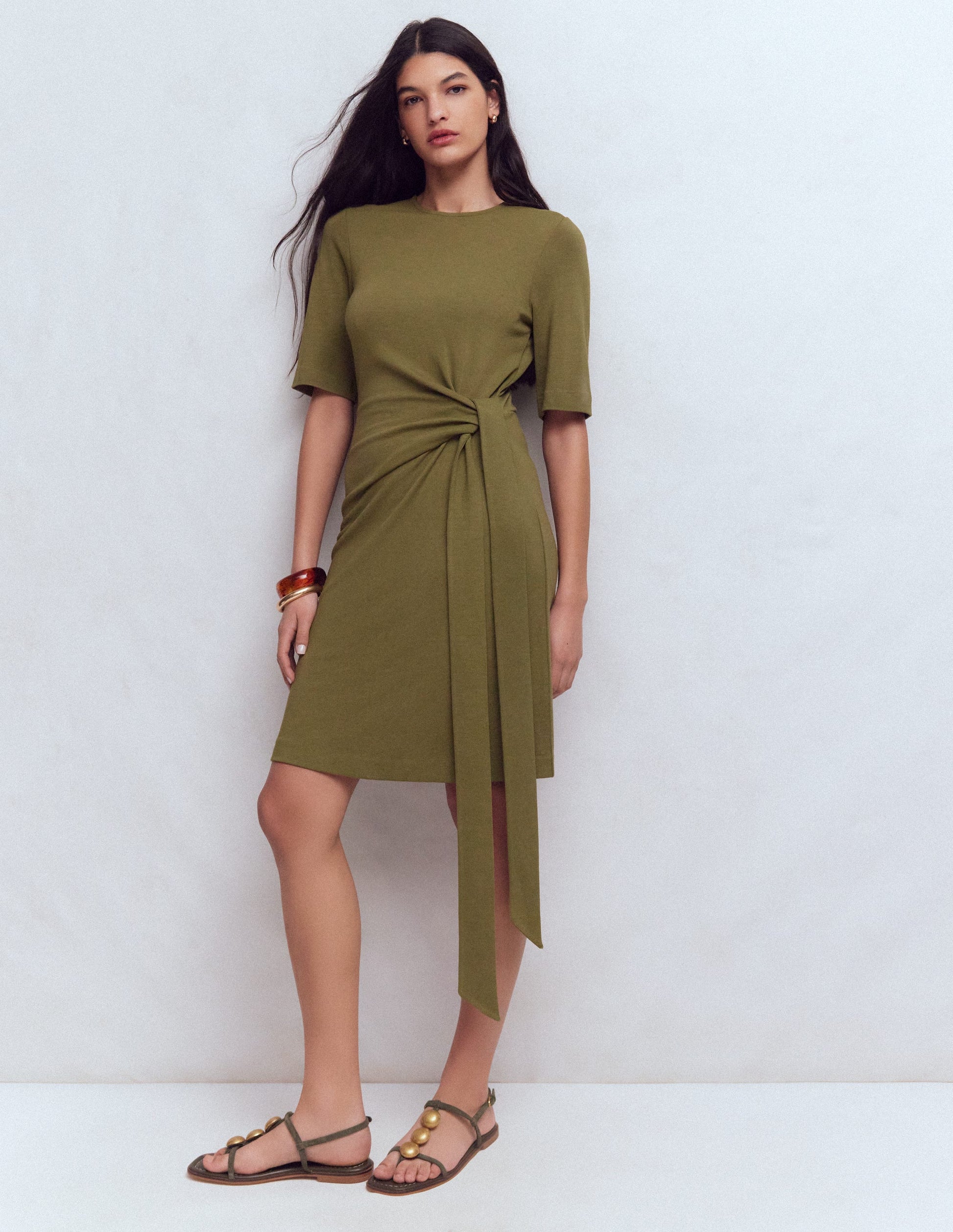 Zinnia Tie Jersey Short Dress-Olive-6