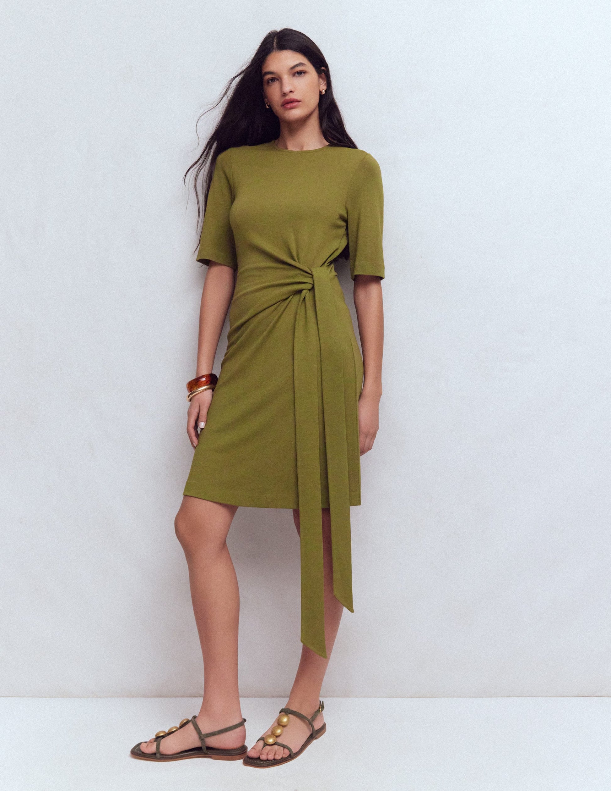 Zinnia Tie Jersey Short Dress-Olive-8