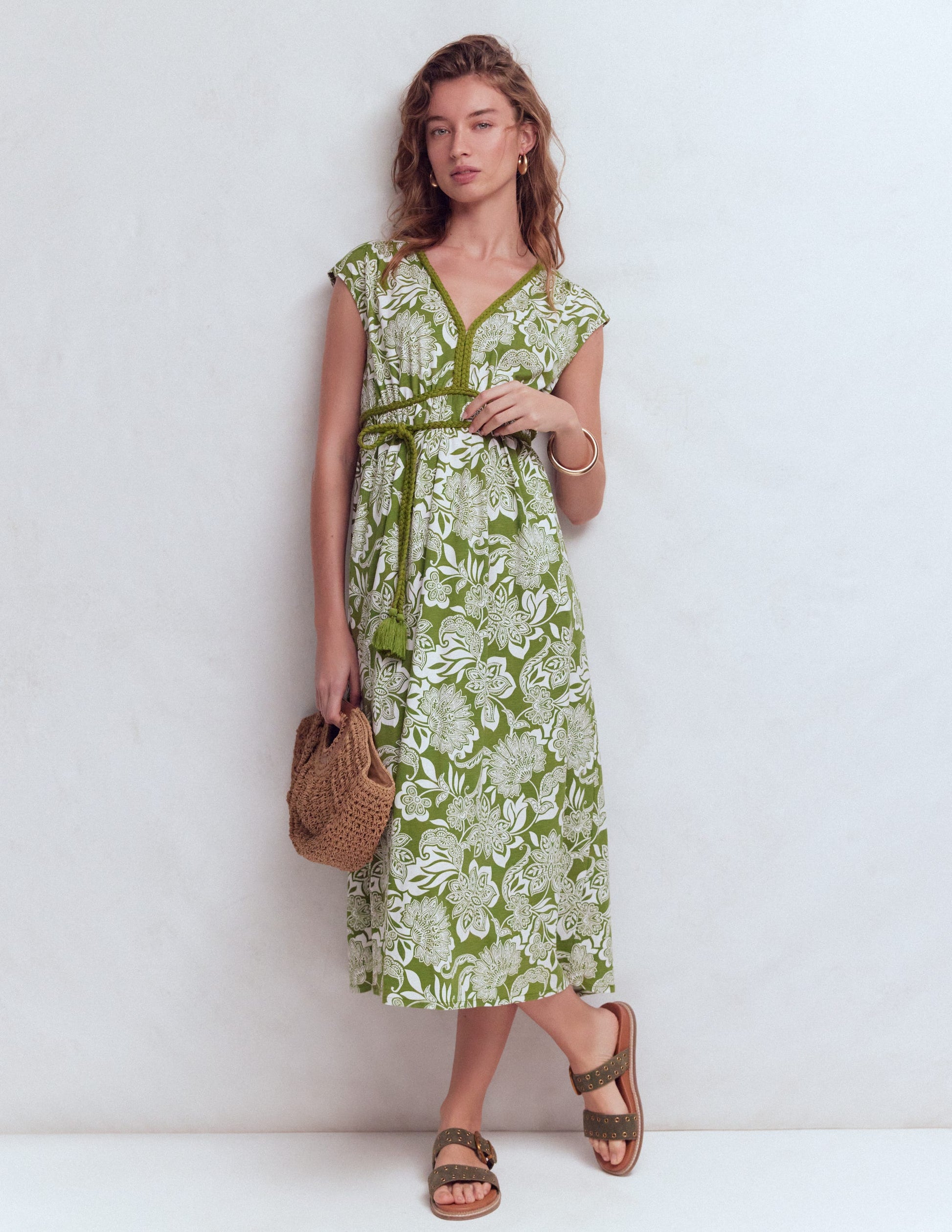 Heidi Ruched Rope Jersey Dress-Olive, Elegant Blossom-1