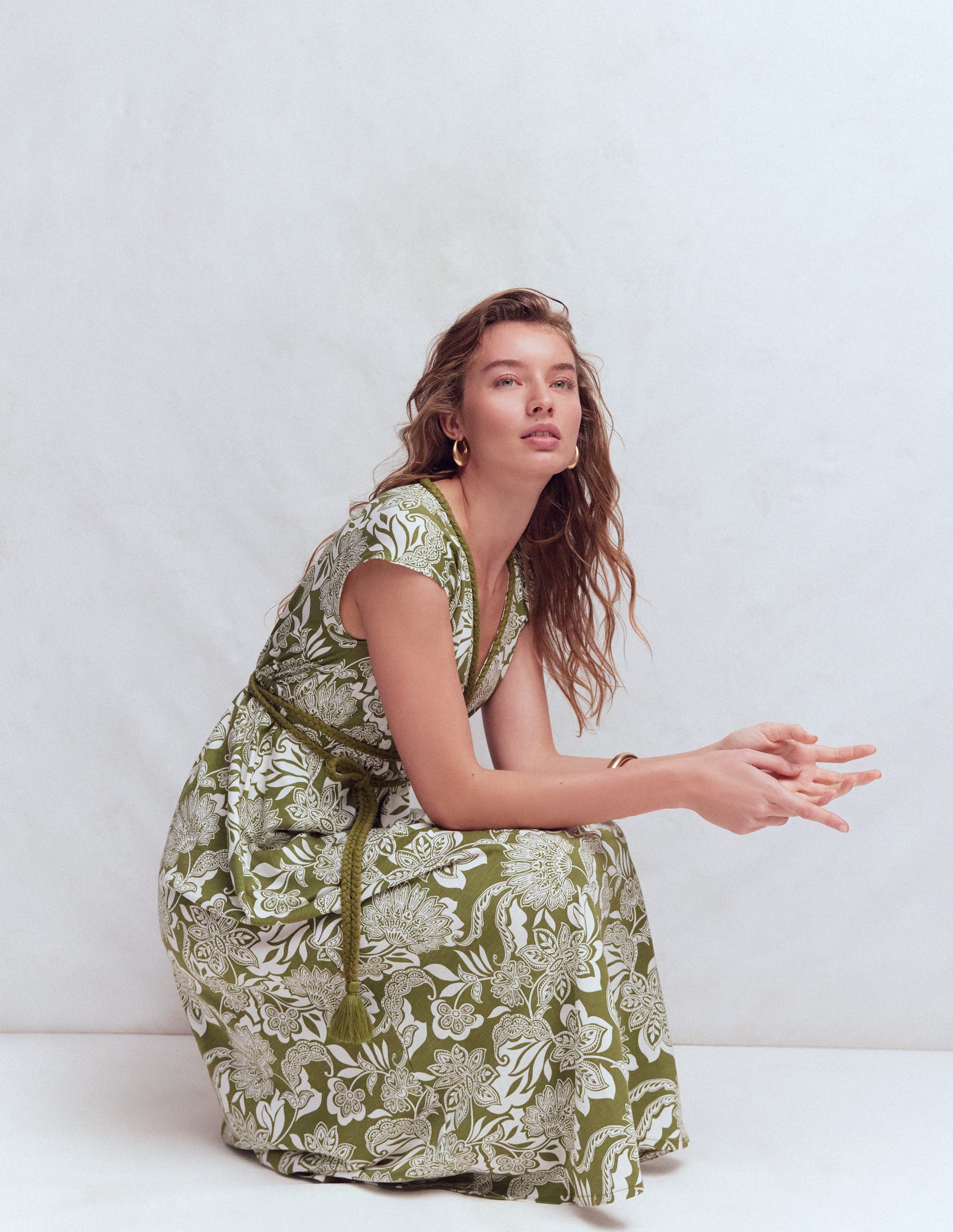 Heidi Ruched Rope Jersey Dress-Olive, Elegant Blossom-5