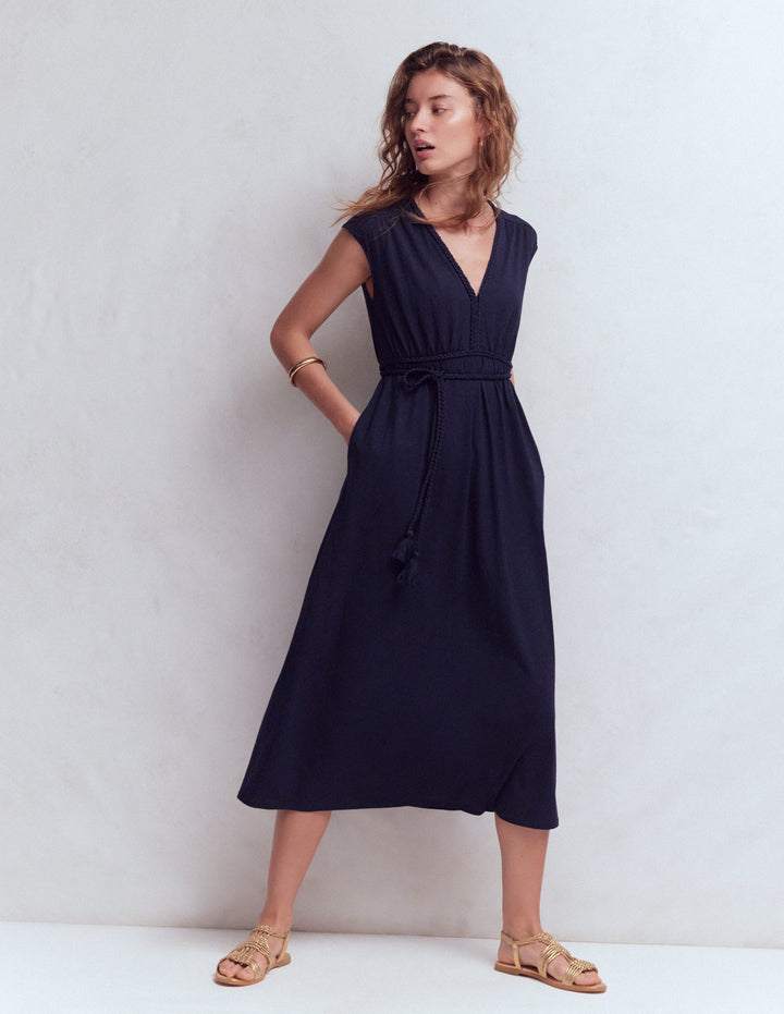 Heidi Ruched Rope Jersey Dress-Navy