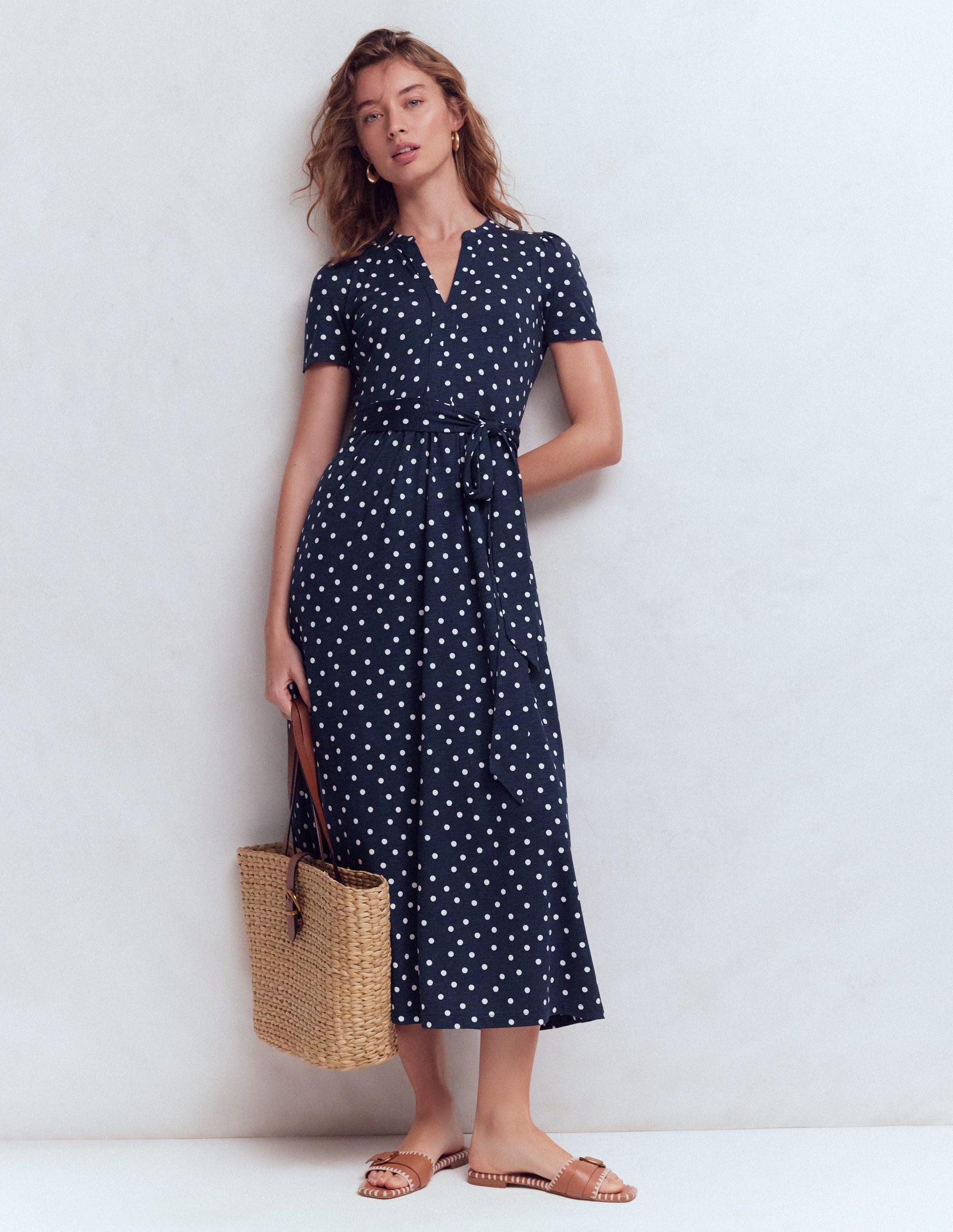 Naomi Jersey Midi Dress-Navy and Ivory, Painted Dot-1