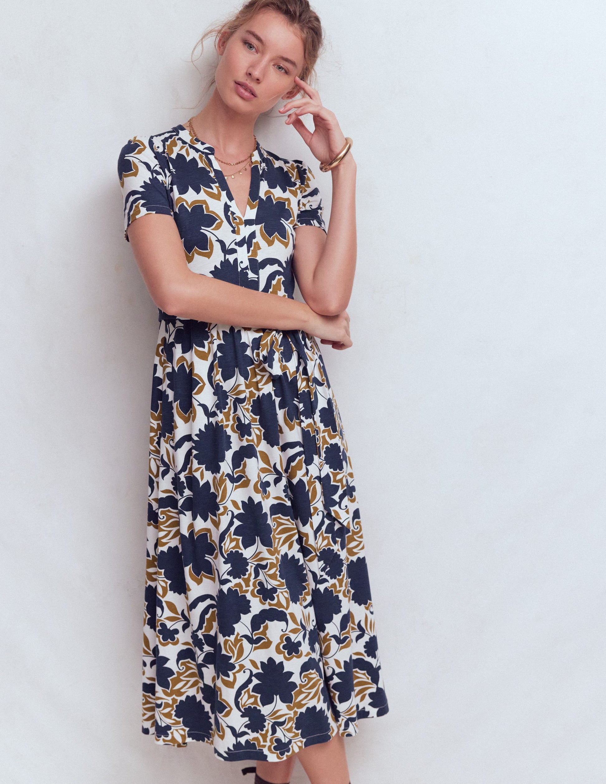 Naomi Jersey Midi Dress-French Navy, Shadow Blossom-4