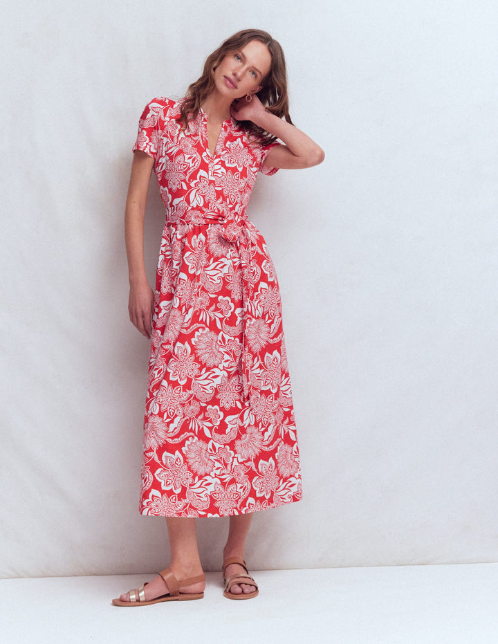 Naomi Jersey Midi Dress-Blood Orange, Elegant Blossom