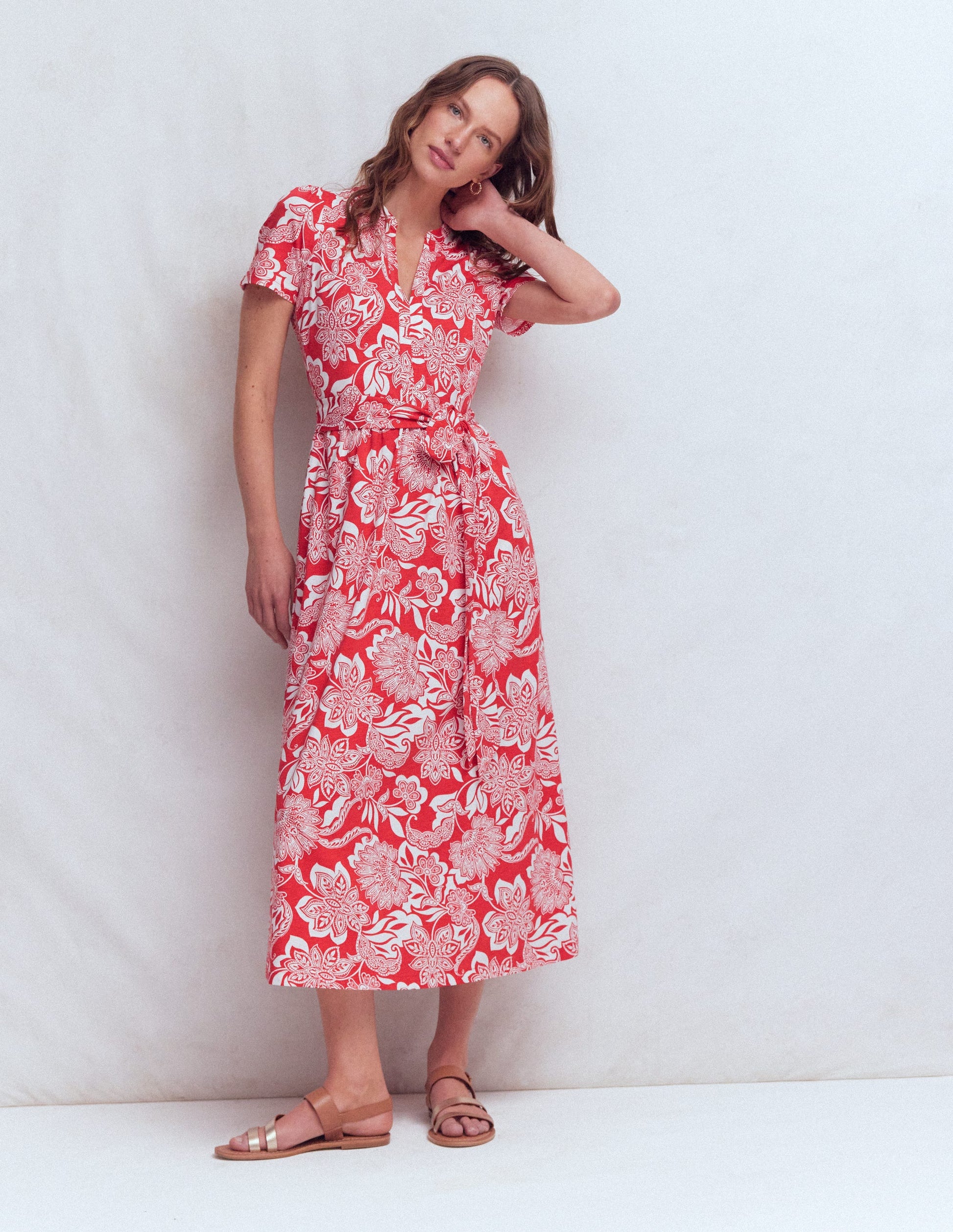 Naomi Jersey Midi Dress-Blood Orange, Elegant Blossom-1