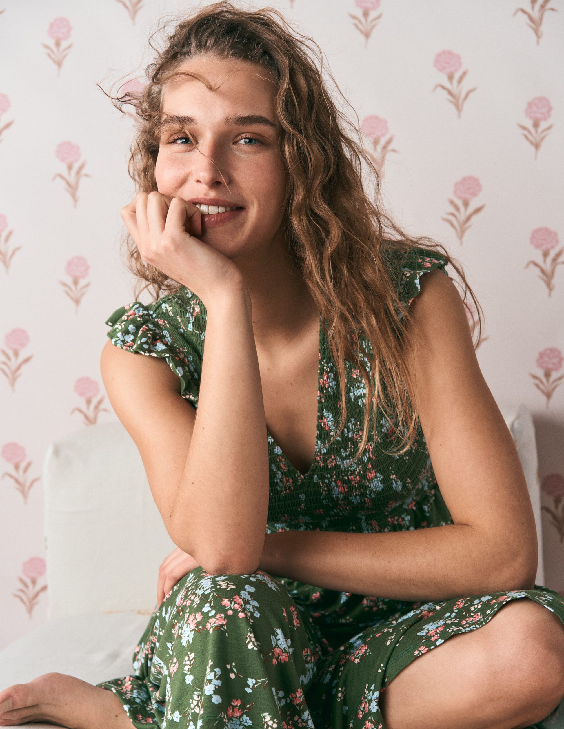 Smocked Jersey Midi Dress-Promenade Green, Bloom Scatter-3