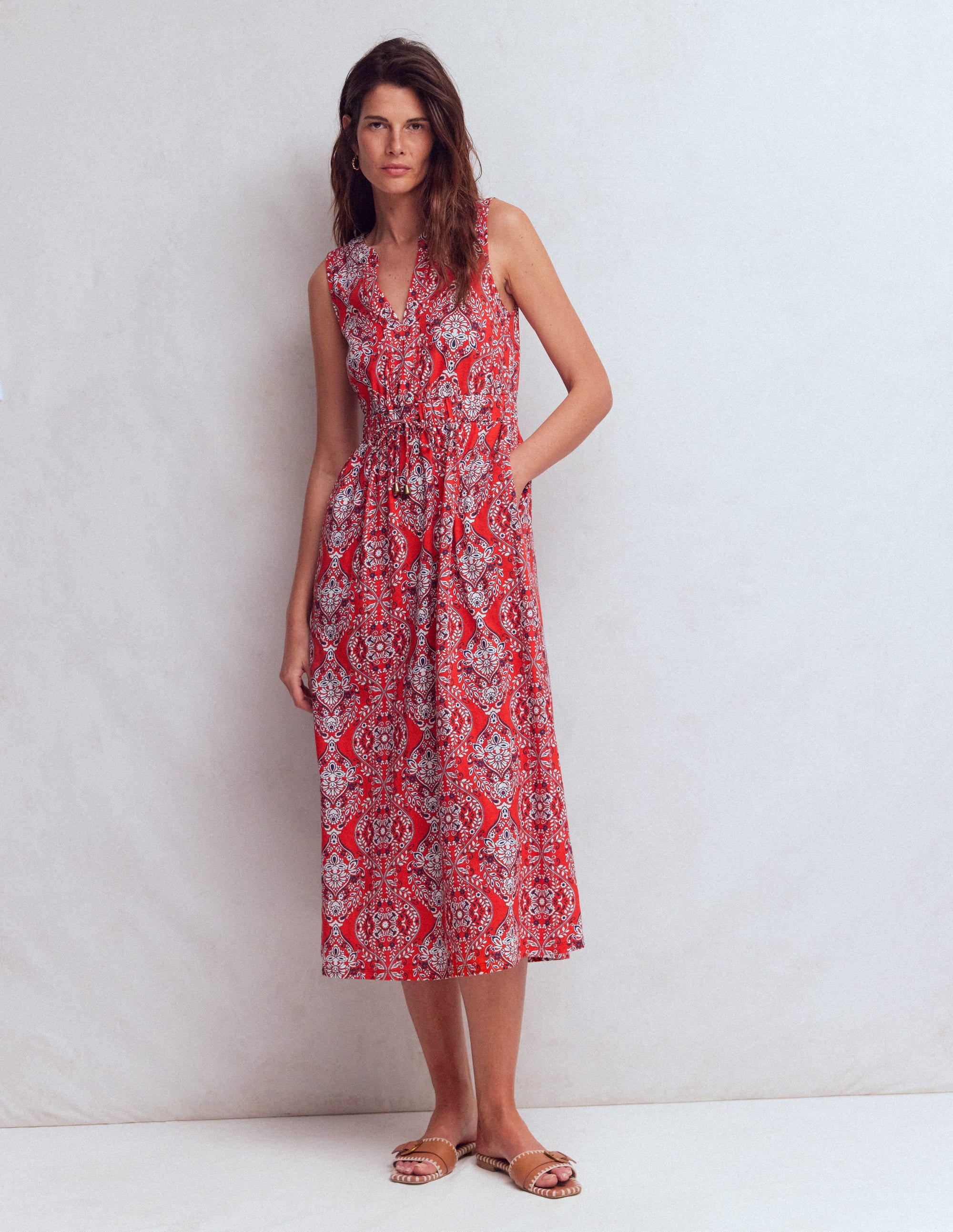 Delphine Midi Jersey Dress-Blood Orange, Gardenia - Image 1