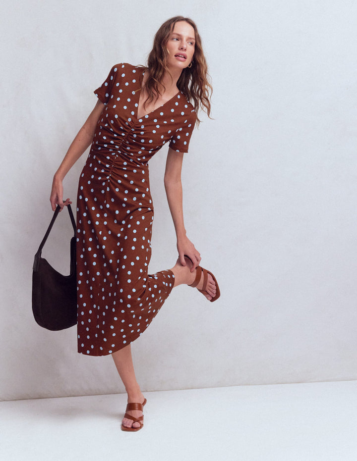 Una Ruched Front Ponte Dress-Raw Umber, Painted Dot
