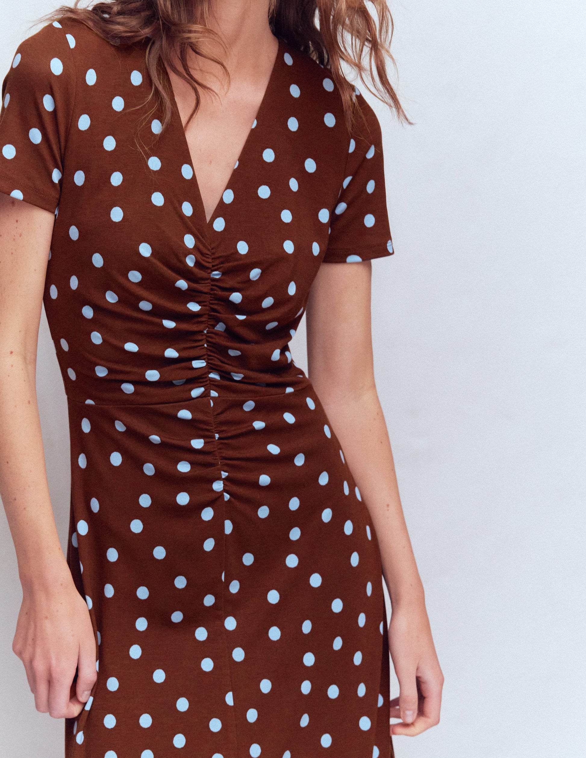 Una Ruched Front Ponte Dress-Raw Umber, Painted Dot-2
