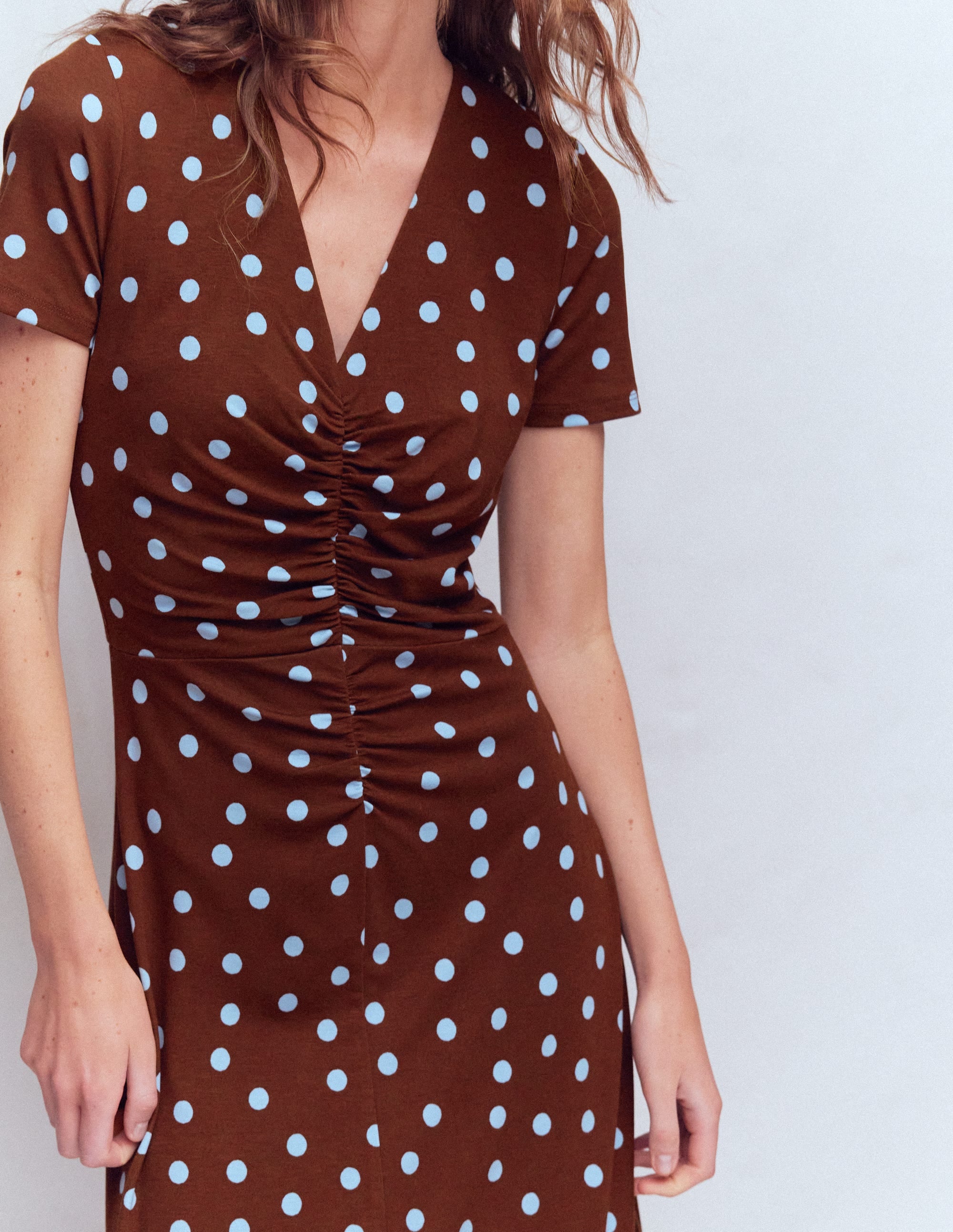 Una Ruched Front Ponte Dress-Raw Umber, Painted Dot - Image 2