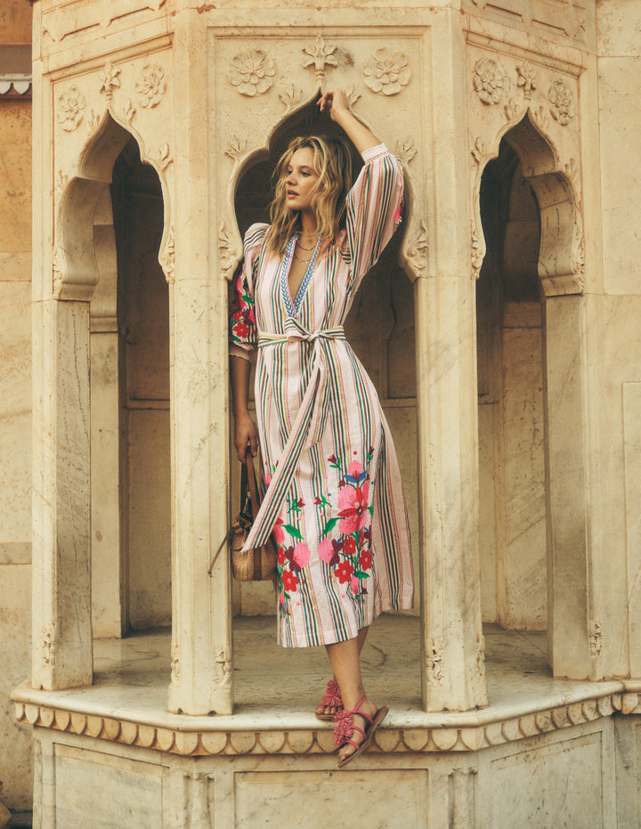 Octavia Cotton Dress-Multi Embroidery Stripe