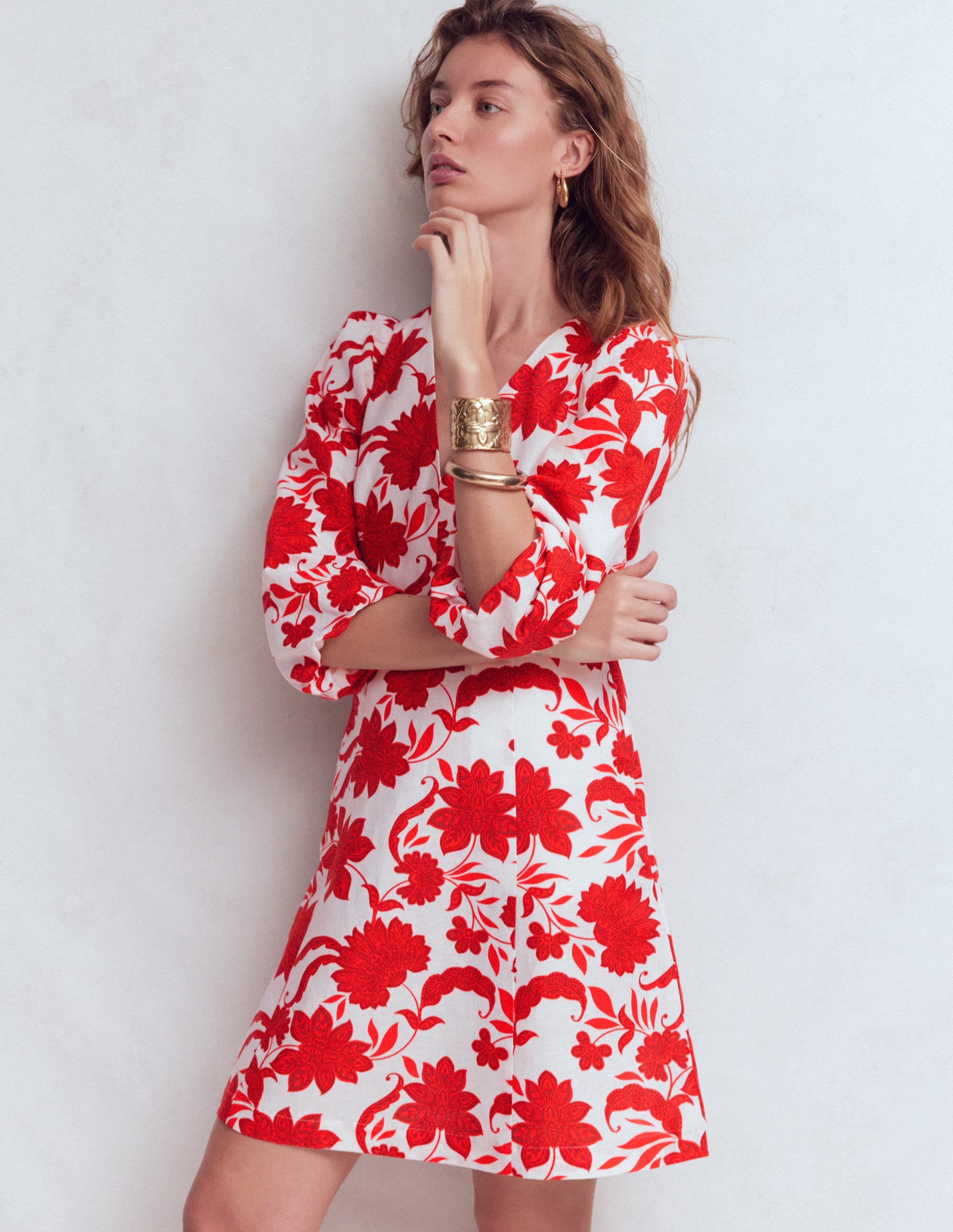 Marla Linen Blend Short Dress-Red Elegant Blossom - Image 1