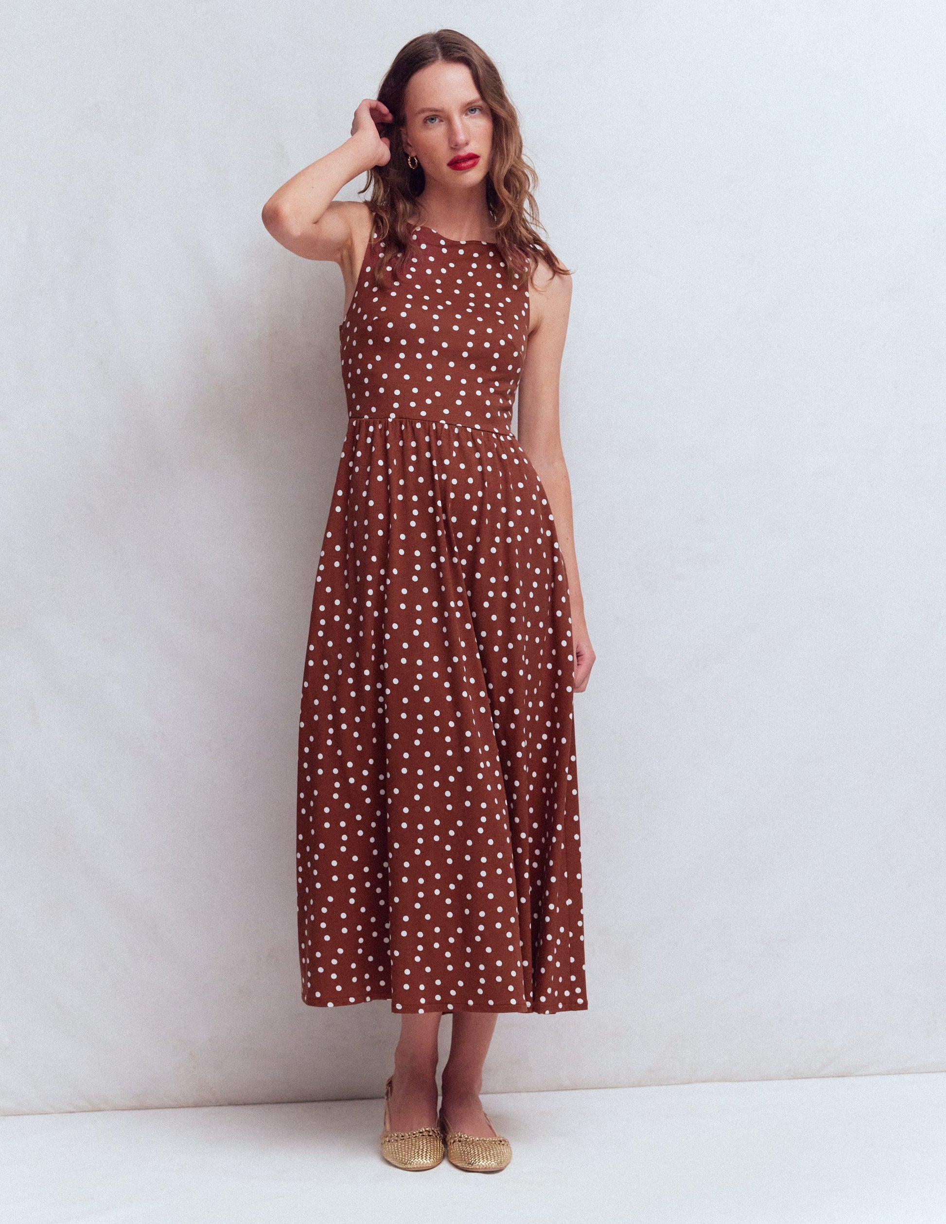 Saoirse Smocked Jersey Dress-Roasted Brown, Painted Dot-1