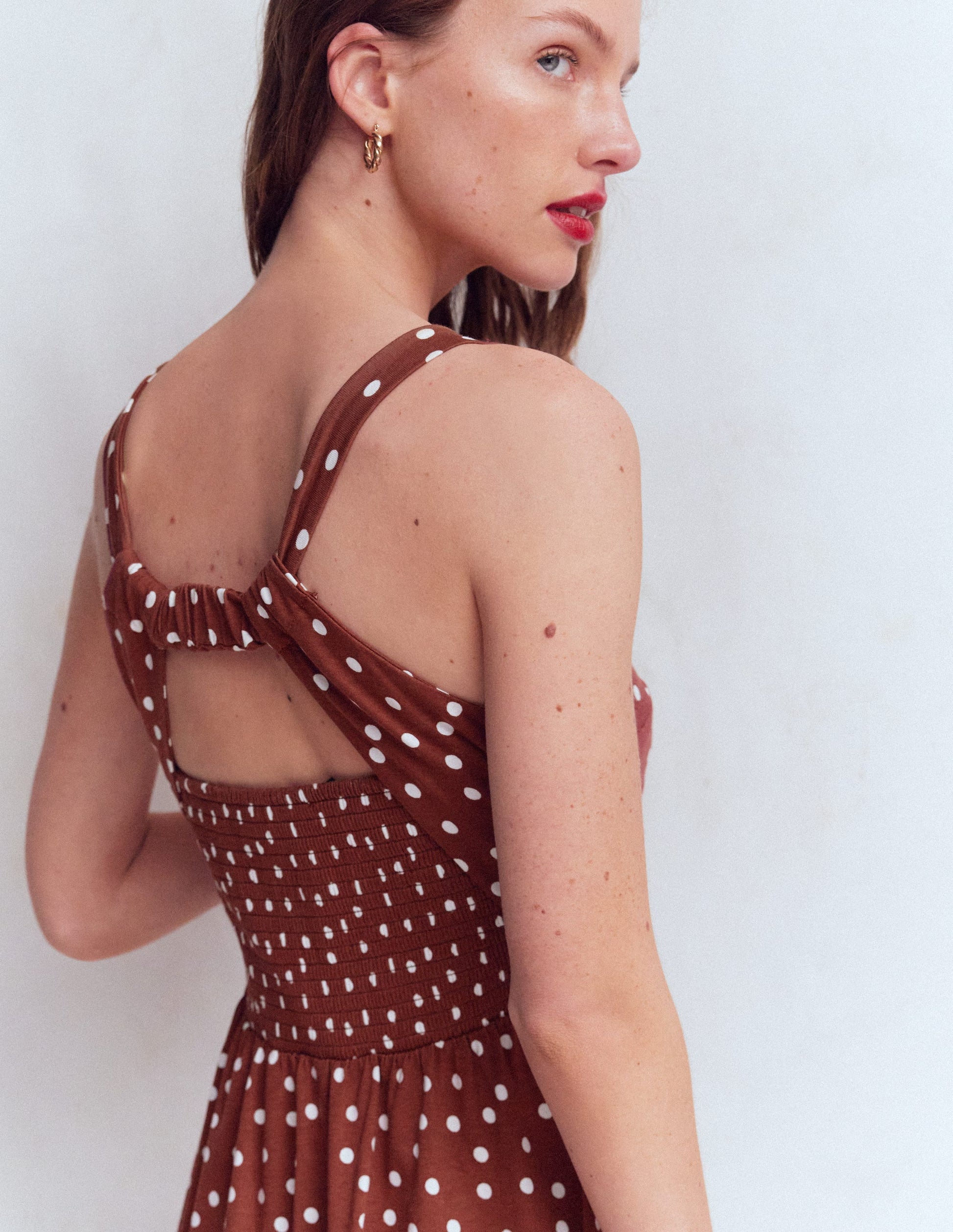 Saoirse Smocked Jersey Dress-Roasted Brown, Painted Dot-2