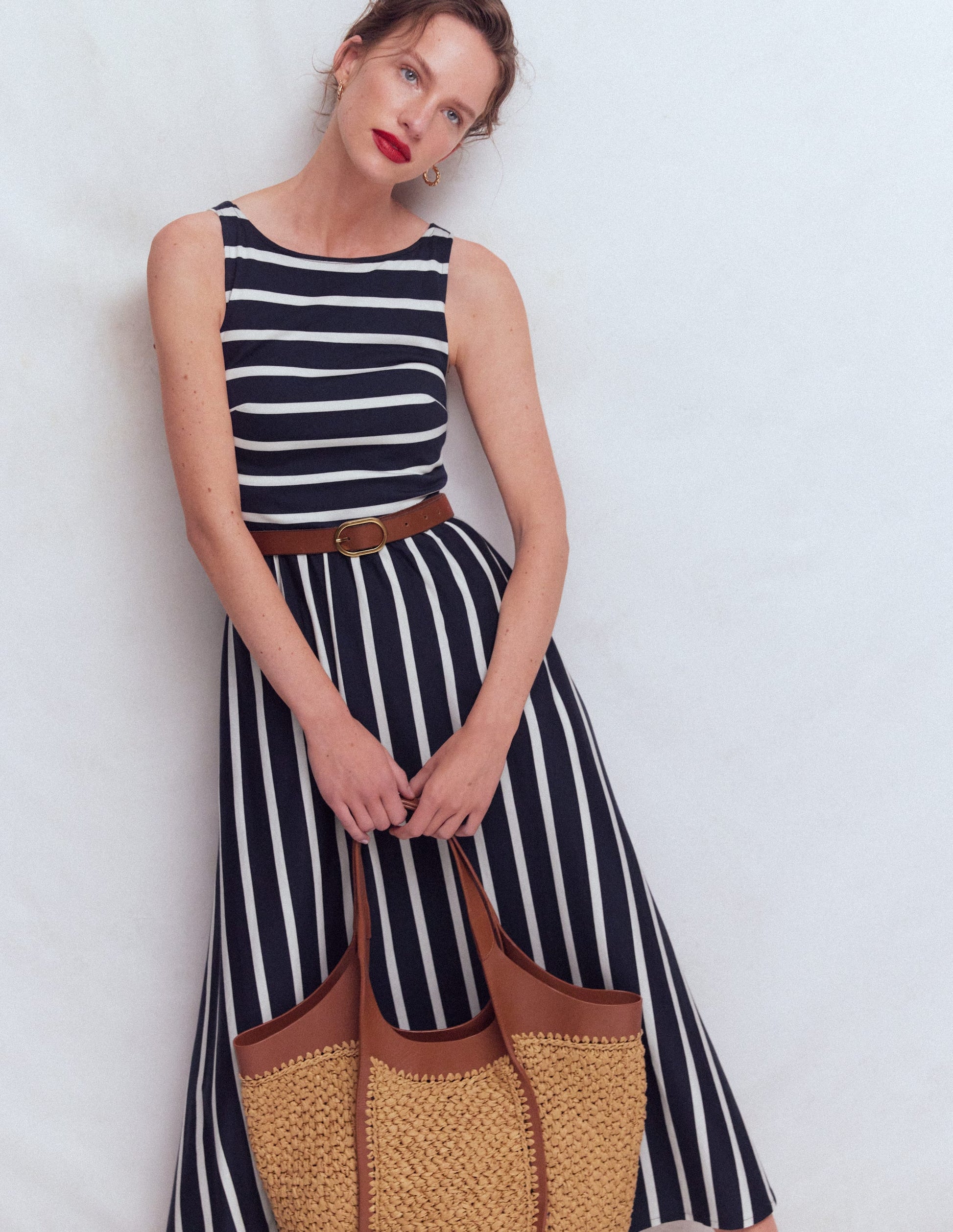 Saoirse Smocked Jersey Dress-Navy, Ivory Stripe-2