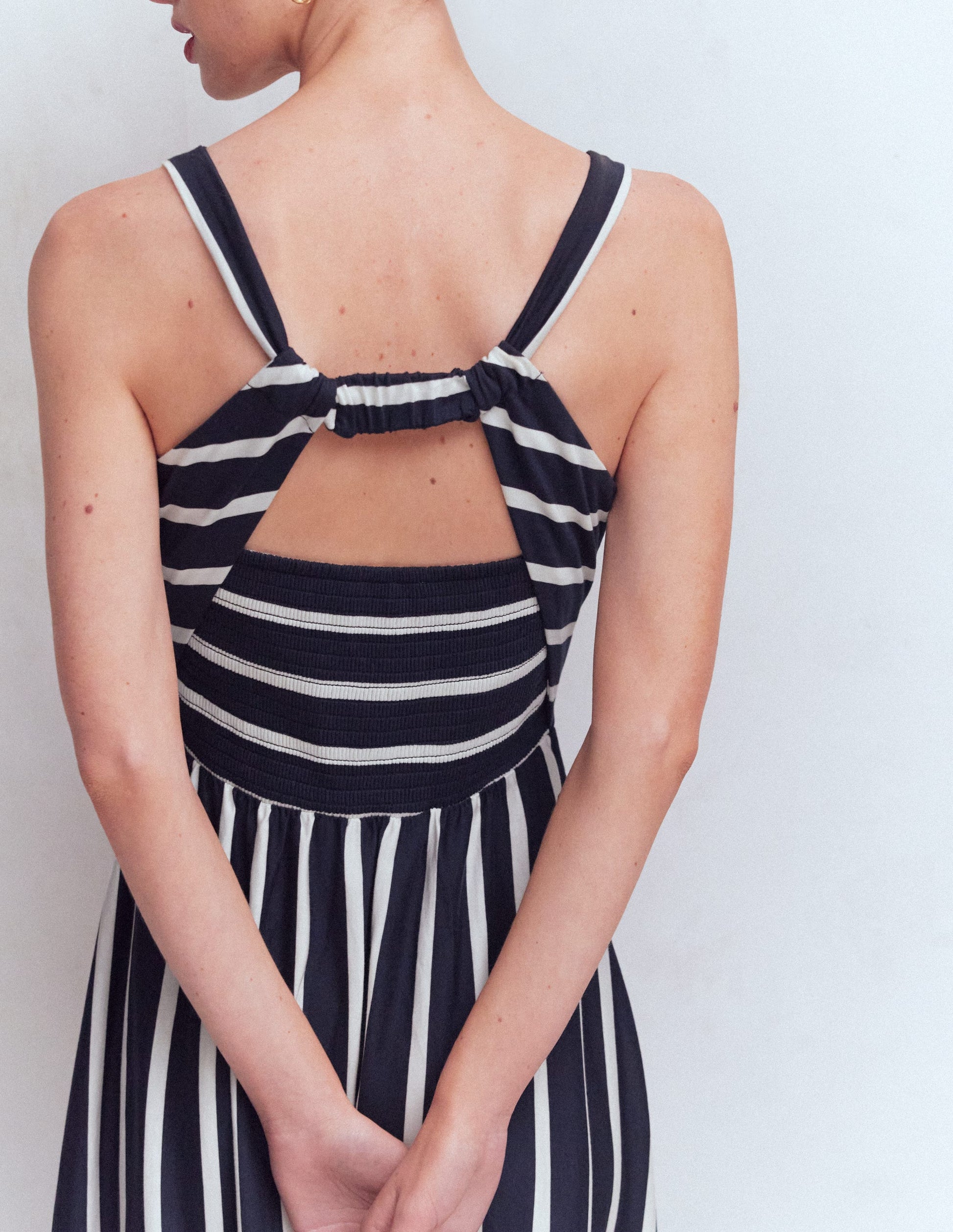 Saoirse Smocked Jersey Dress-Navy, Ivory Stripe-3