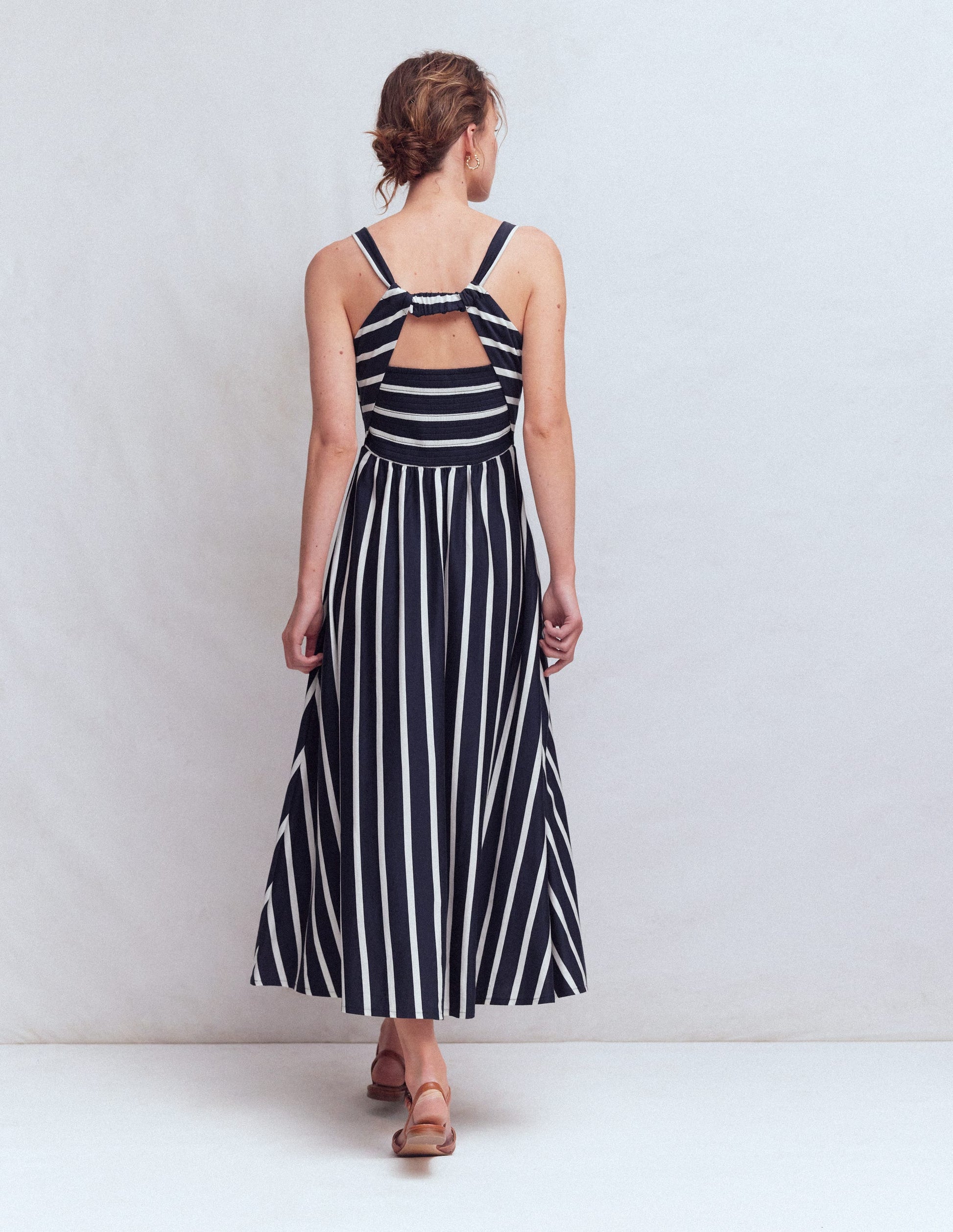 Saoirse Smocked Jersey Dress-Navy, Ivory Stripe-4