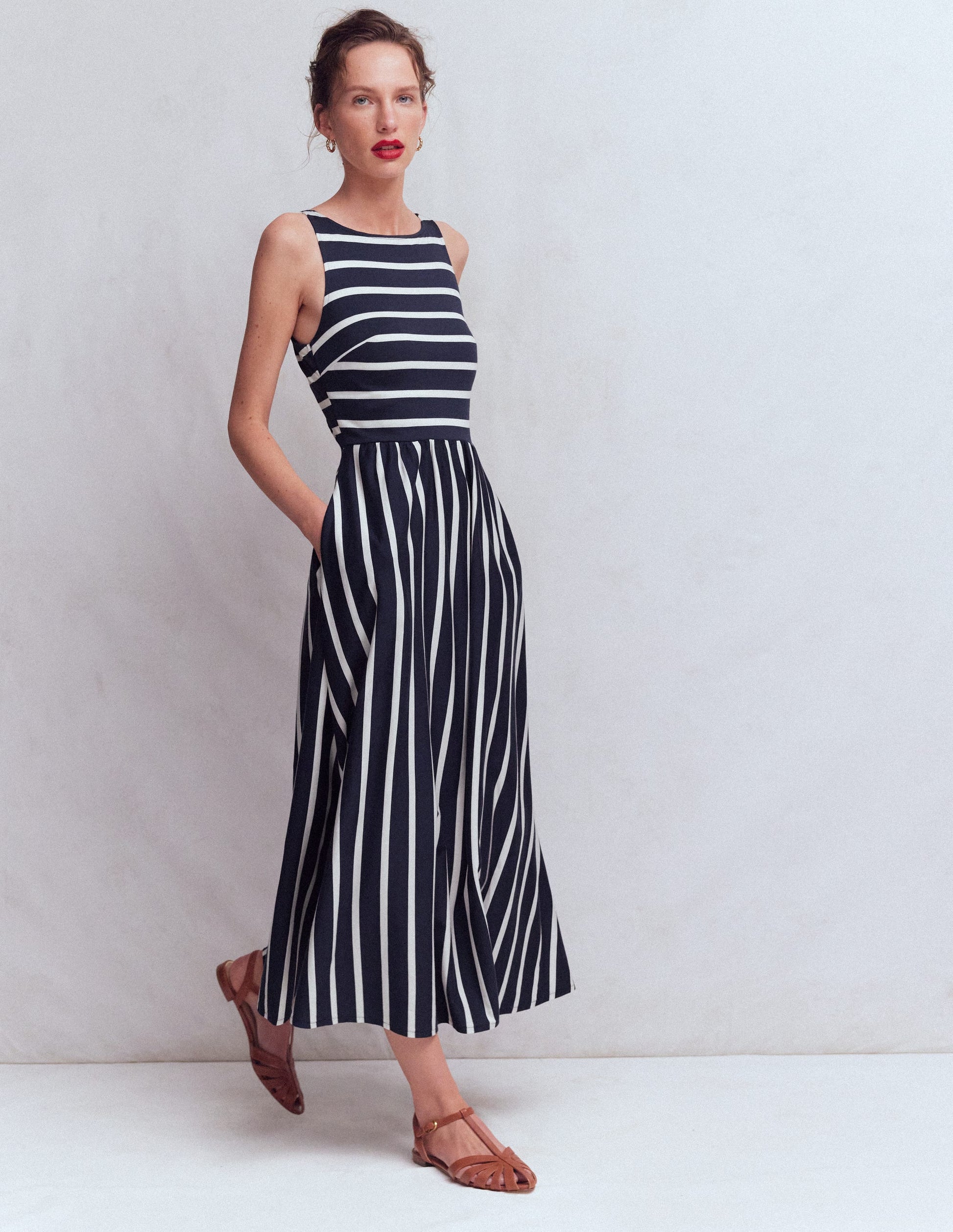Saoirse Smocked Jersey Dress-Navy, Ivory Stripe-1