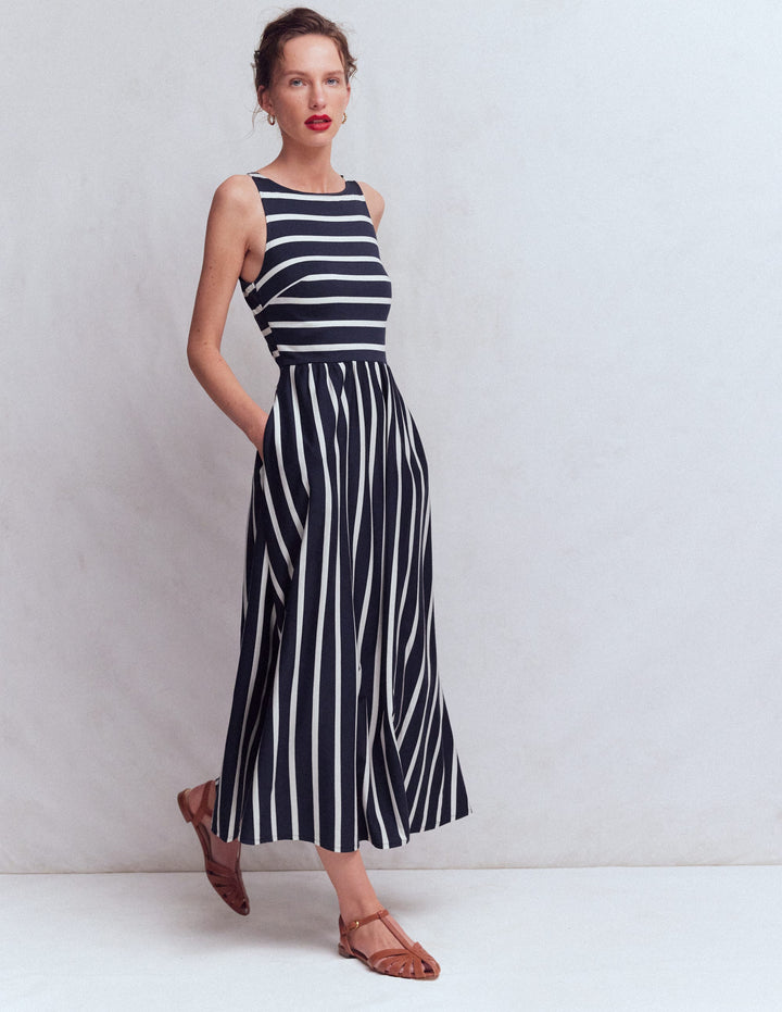 Saoirse Smocked Jersey Dress-Navy, Ivory Stripe