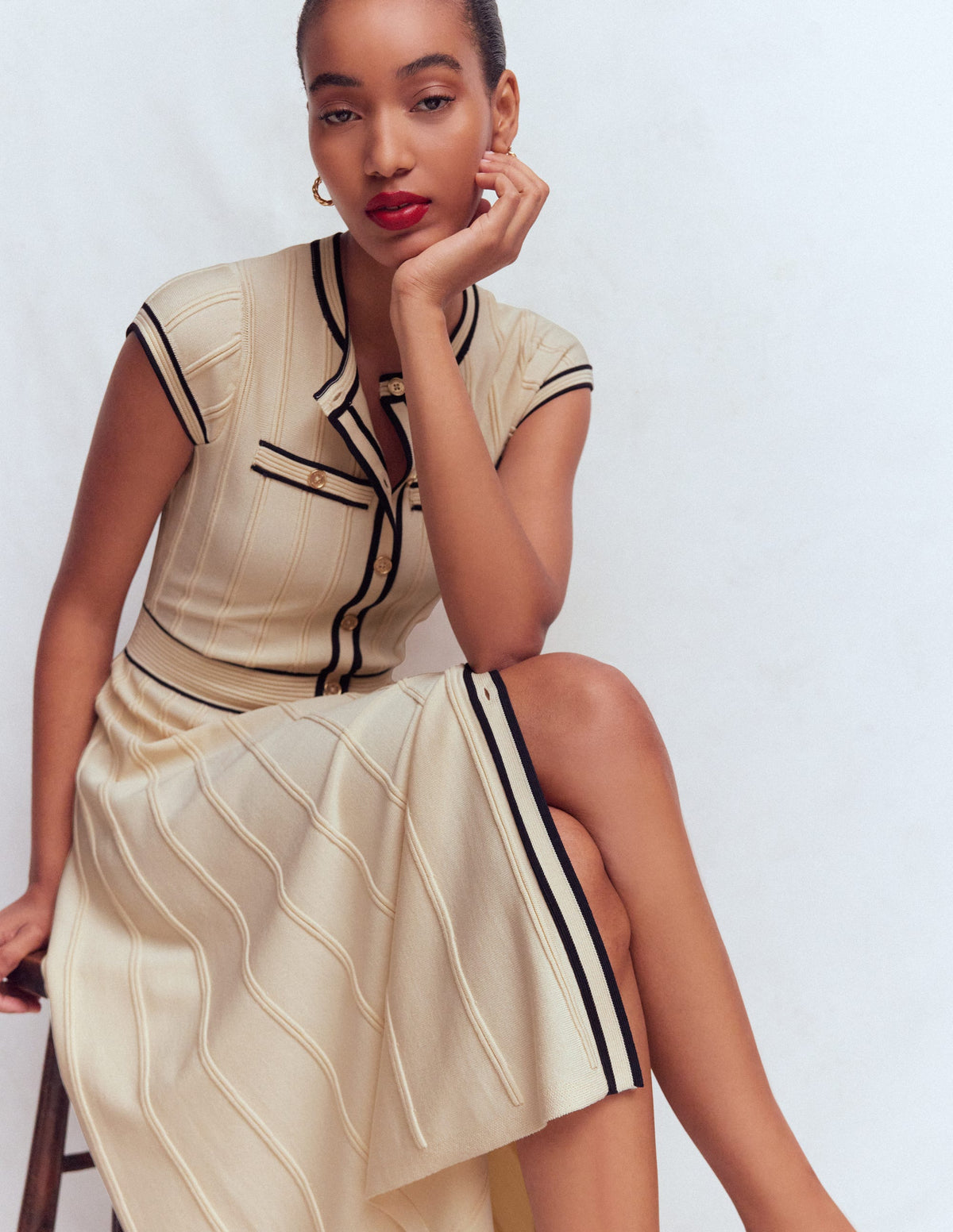 Cap Sleeve Knitted Dress-Warm Ivory - Image 1