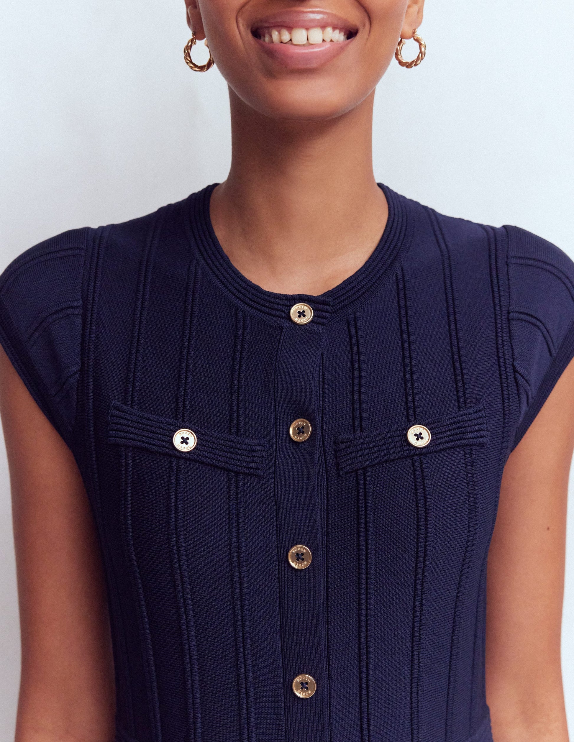 Cap Sleeve Knitted Dress-Navy-5