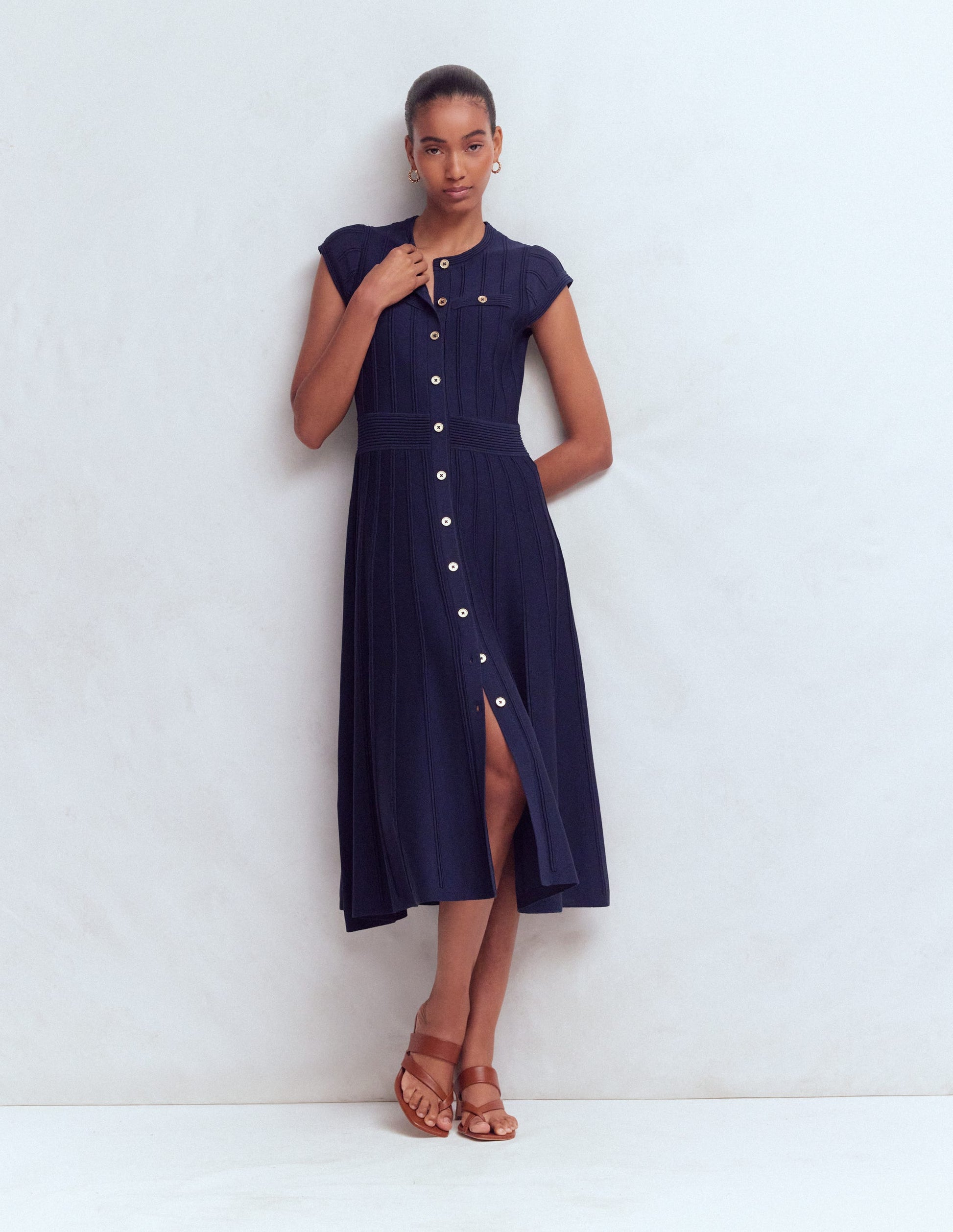 Cap Sleeve Knitted Dress-Navy-6