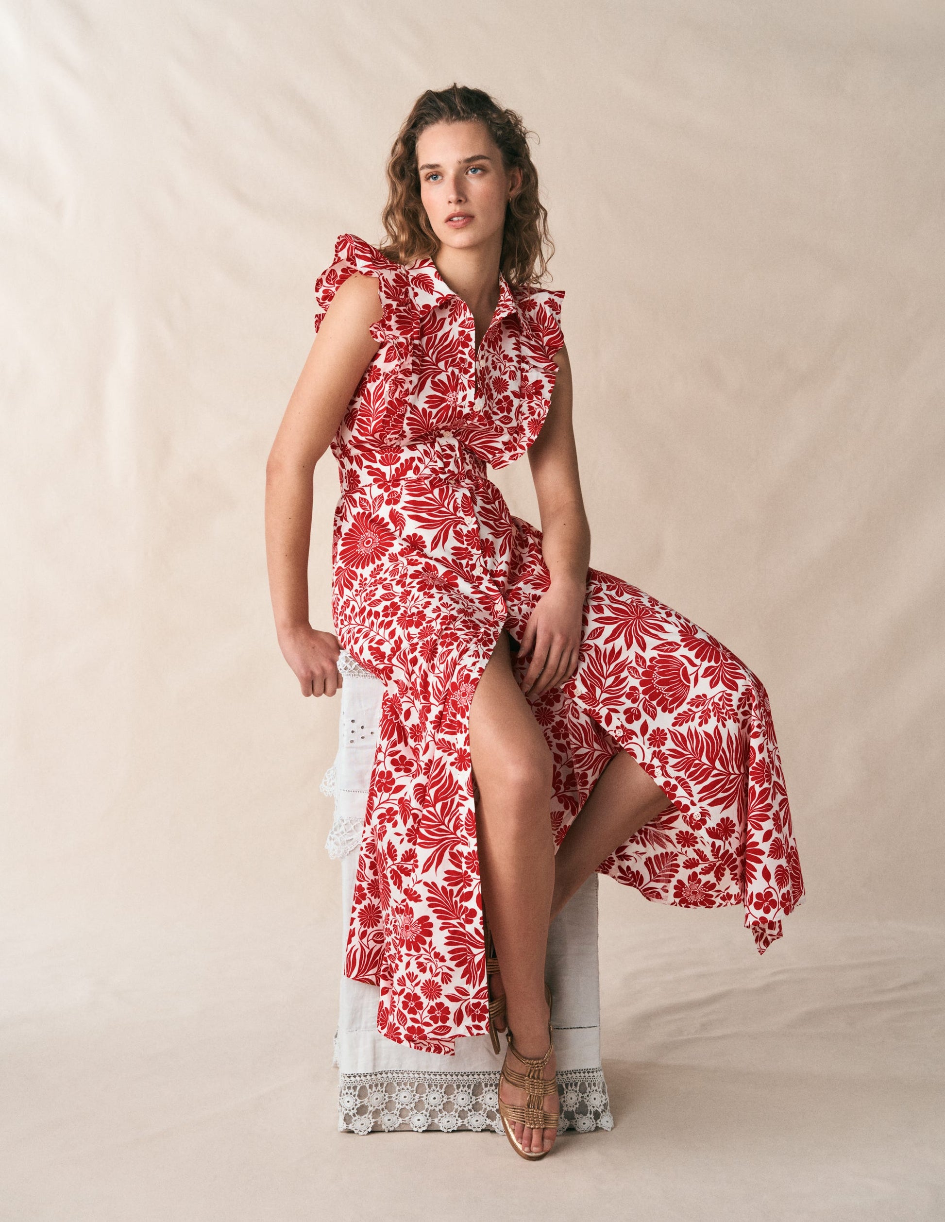Ruffle Bodice Shirt Dress-Merida Red, Flowerbed Bloom-6