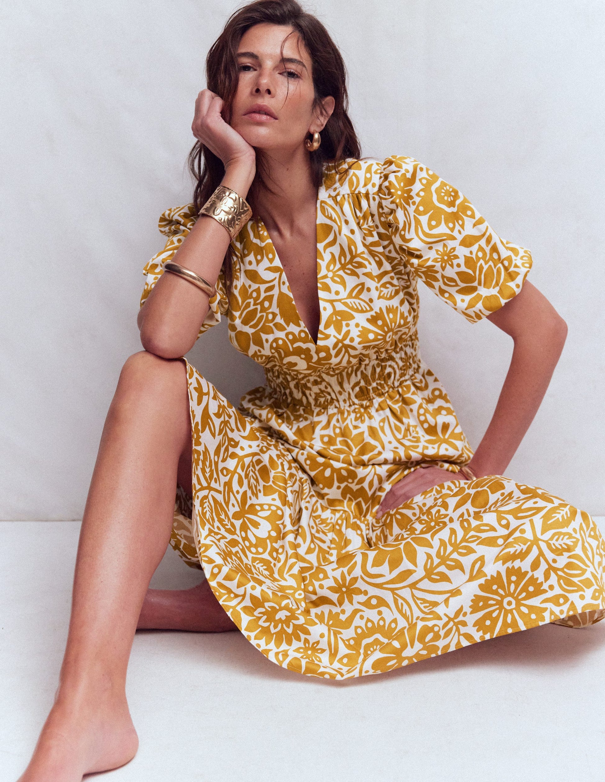 Irene Puff Sleeve Cotton Dress-Gold Wheat, Meadow Scatter-2