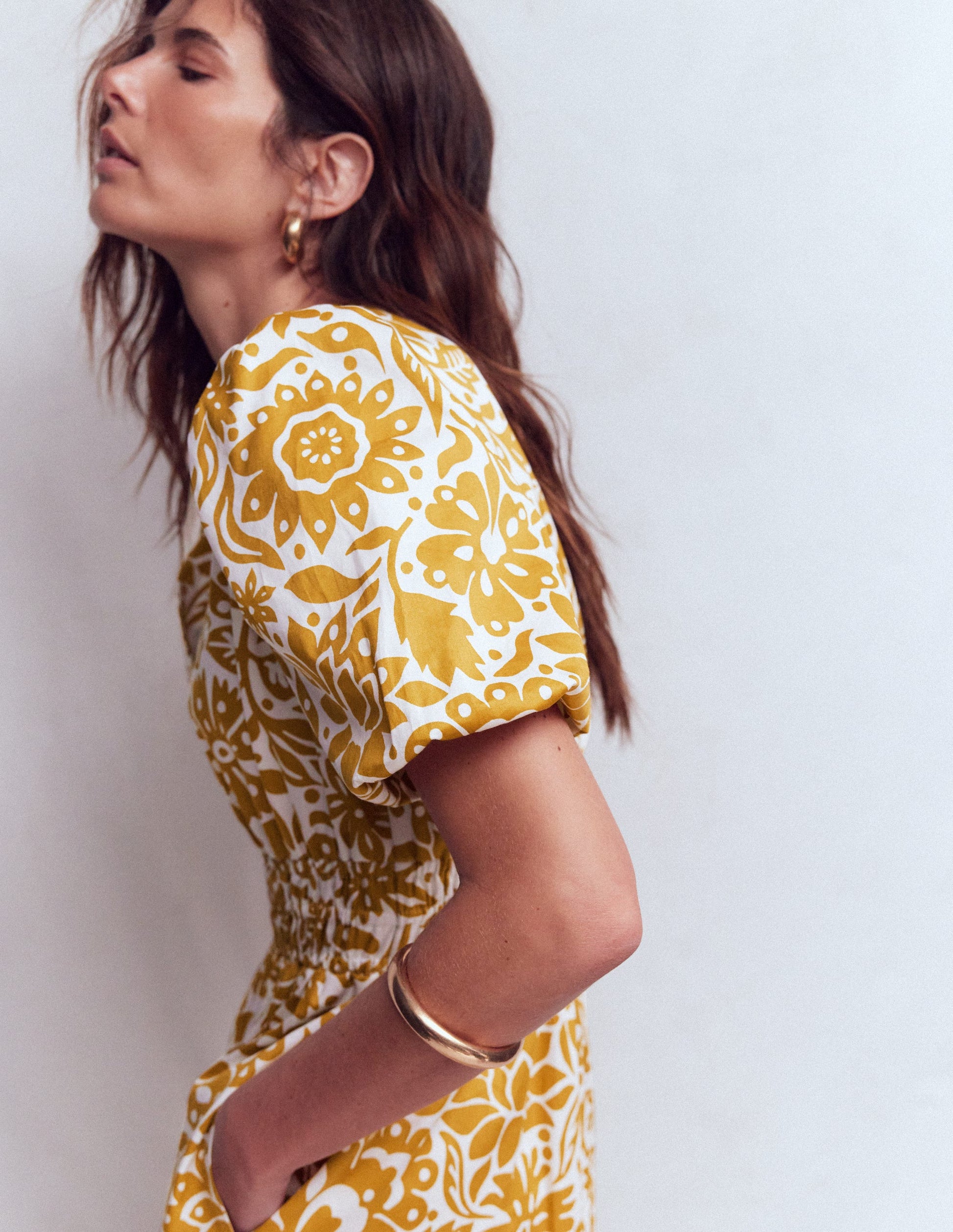 Irene Puff Sleeve Cotton Dress-Gold Wheat, Meadow Scatter-3