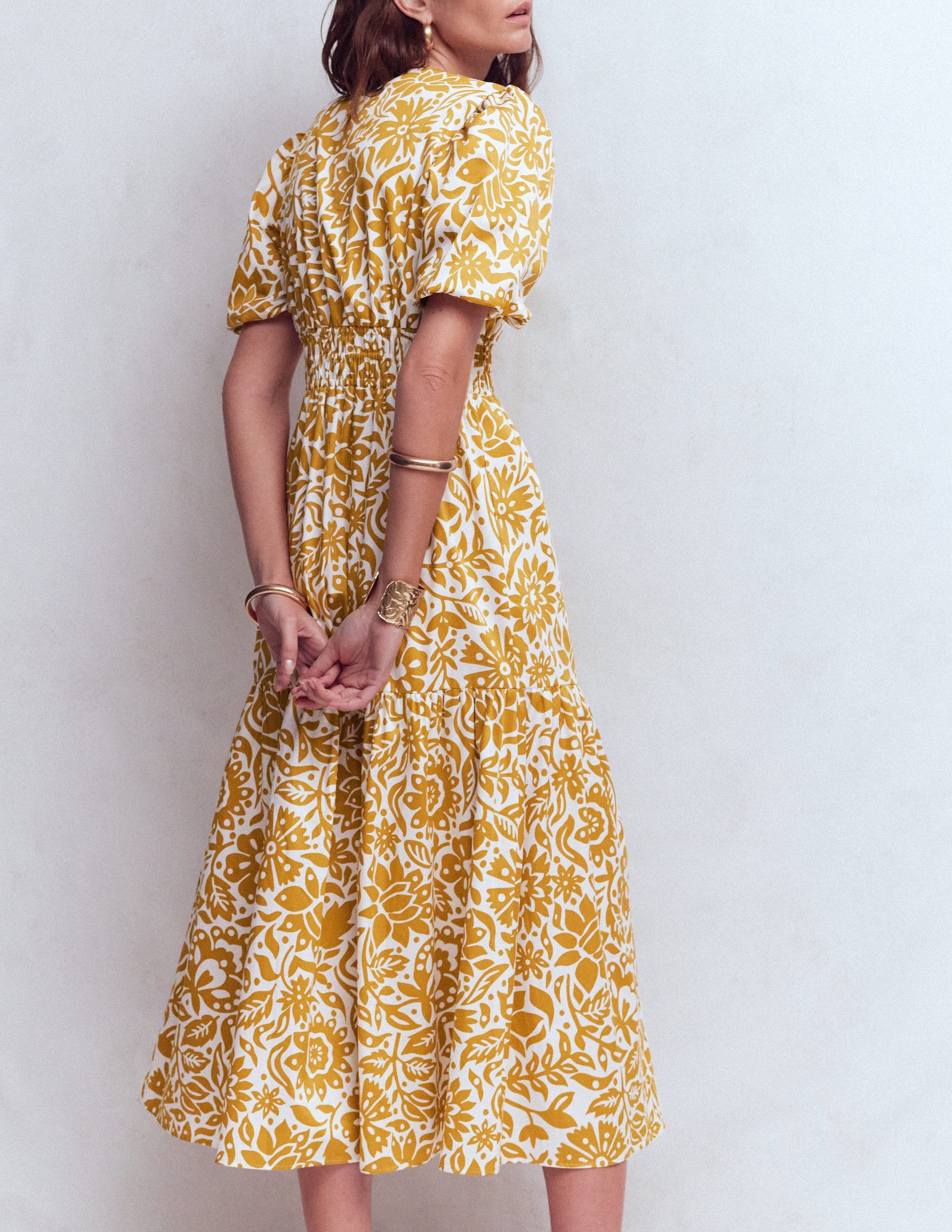 Irene Puff Sleeve Cotton Dress-Gold Wheat, Meadow Scatter-4