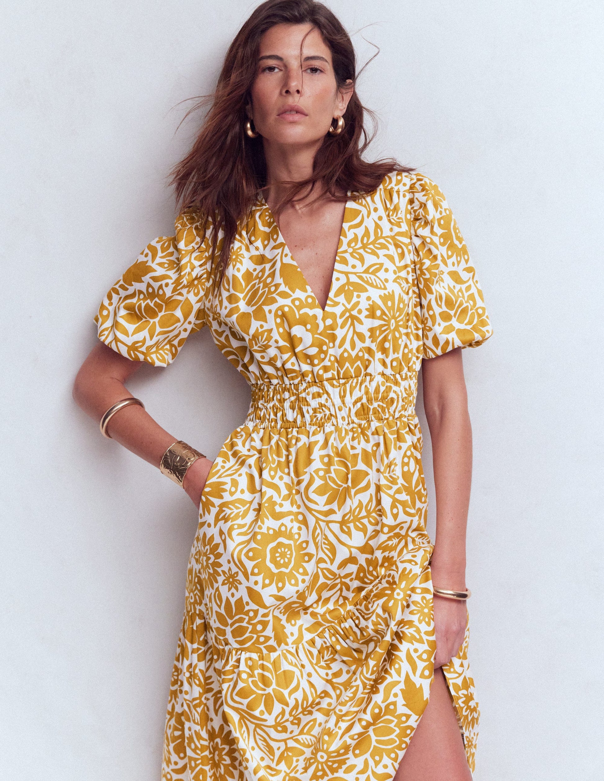 Irene Puff Sleeve Cotton Dress-Gold Wheat, Meadow Scatter-5