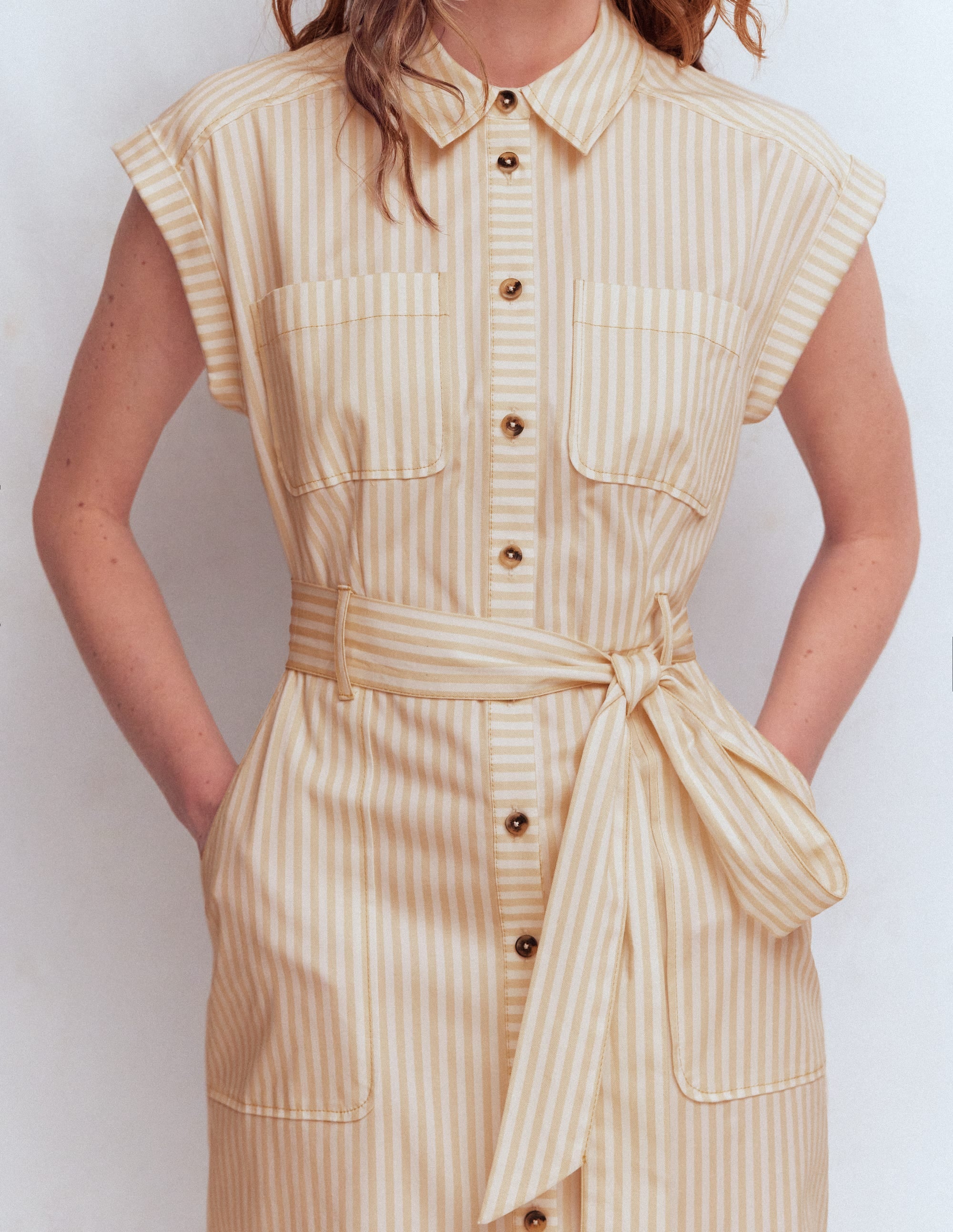 Short Belted Shirt Dress-Brown, Ivory Ticking Stripe - Image 2