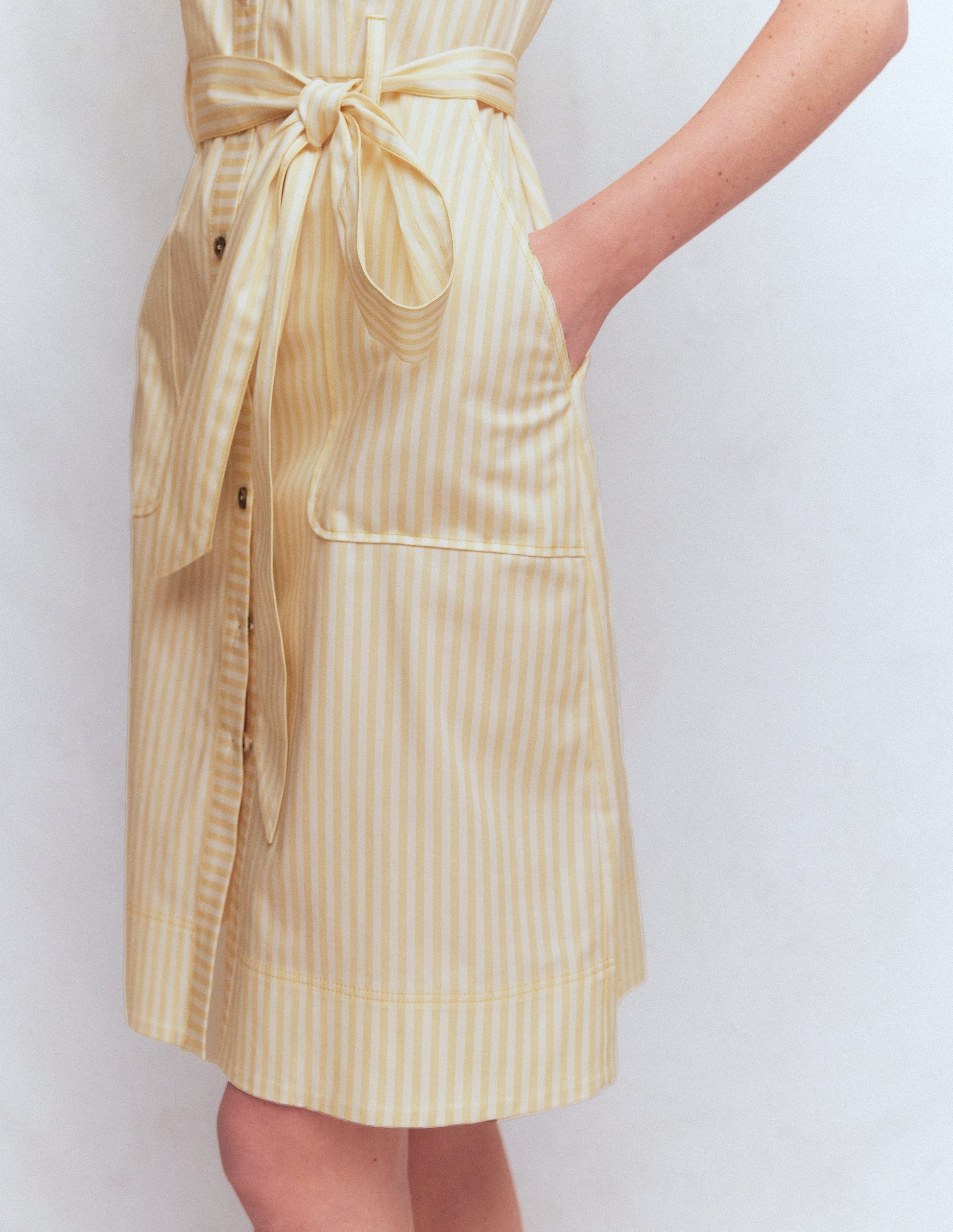 Short Belted Shirt Dress-Brown Fine Stripe-3